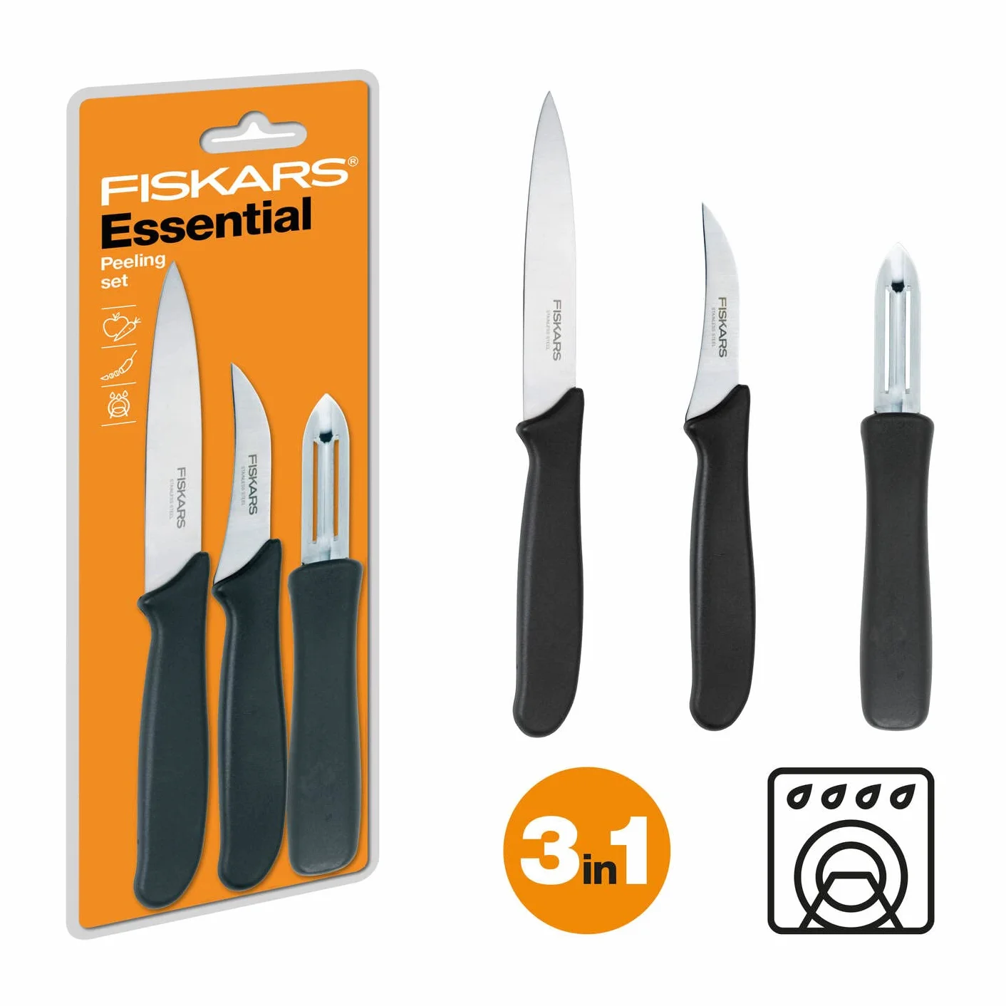 Fiskars Zestaw do obierania Fiskars, 3 części, nóż do obierania (ostrze 11 cm), nóż do warzyw (ostrze 7 cm), obieraczka (ostrze 7 cm), Essential, stal nierdzewna / tworzywo PP, czarny, 1065600
