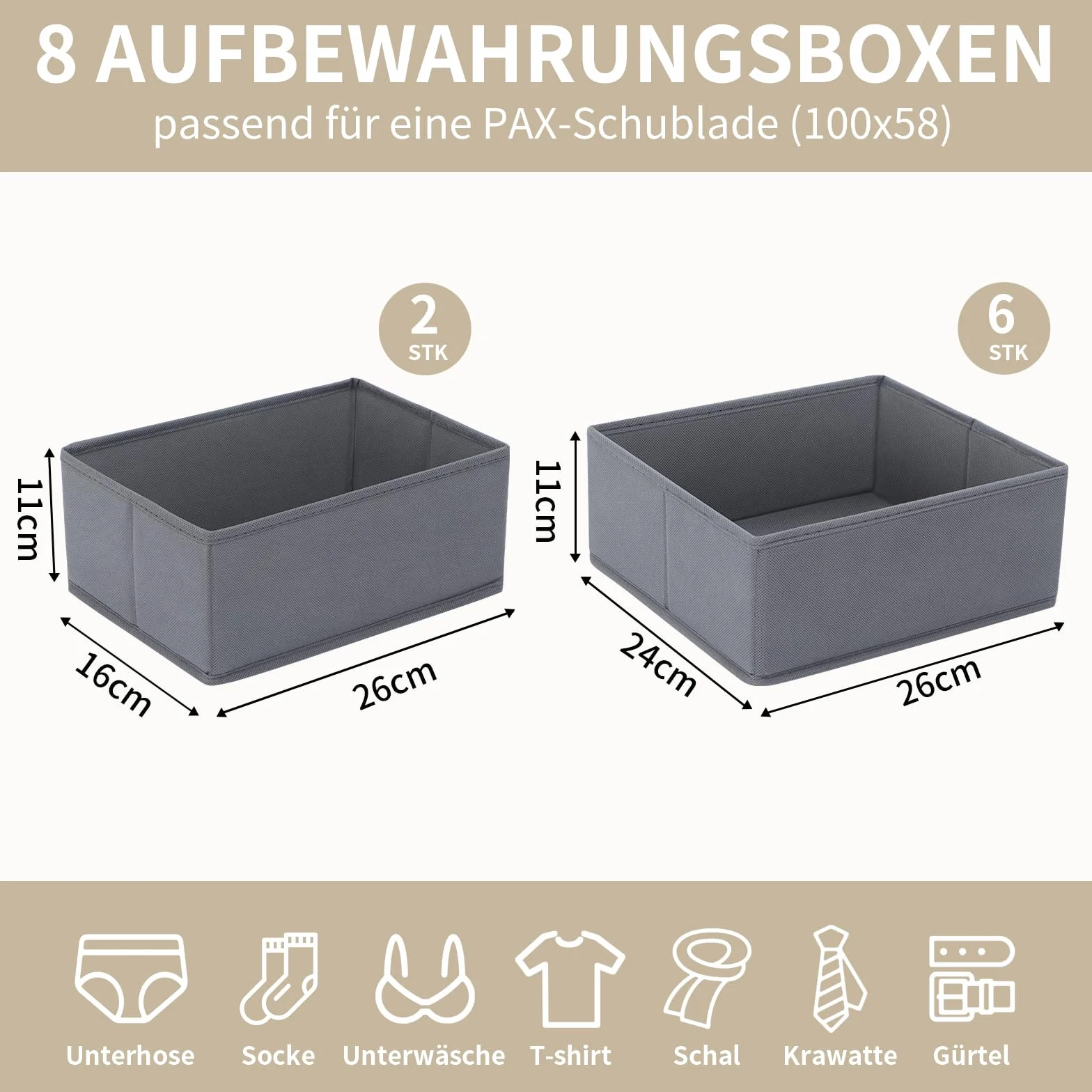 8-częściowy zestaw organizerów do szuflad pasujących do szafy na ubrania PAX 100 x 58 cm, składane wkładki do szuflad na ubrania i ubrania dziecięce, modułowa konstrukcja, stabilny, szary