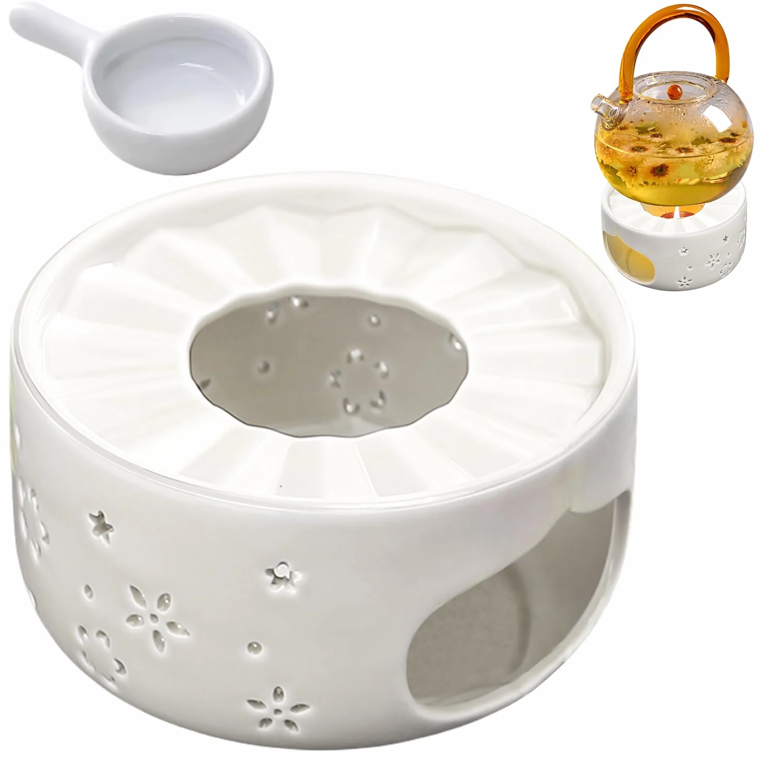 Ceramiczny podgrzewacz do herbaty z uchwytem na świeczkę i wydrążonym rzeźbionym wzorem – podgrzewacz do herbaty i kawy