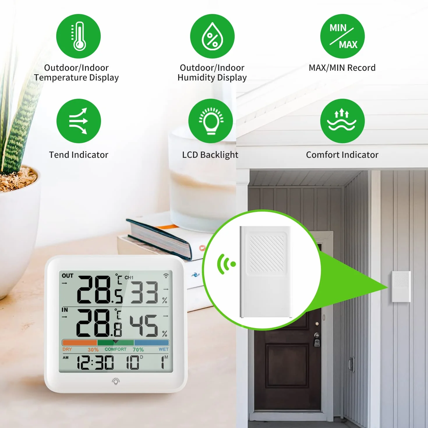 VOCOO Wireless Thermometer Indoor Outdoor Hygrometer with 1 Remote Sensors,Digital Humidity Temperature Gauge Meter Monitor with Backlit Clock Min/Max Value, ℉/℃ Air Indicator for Home, Greenhouse