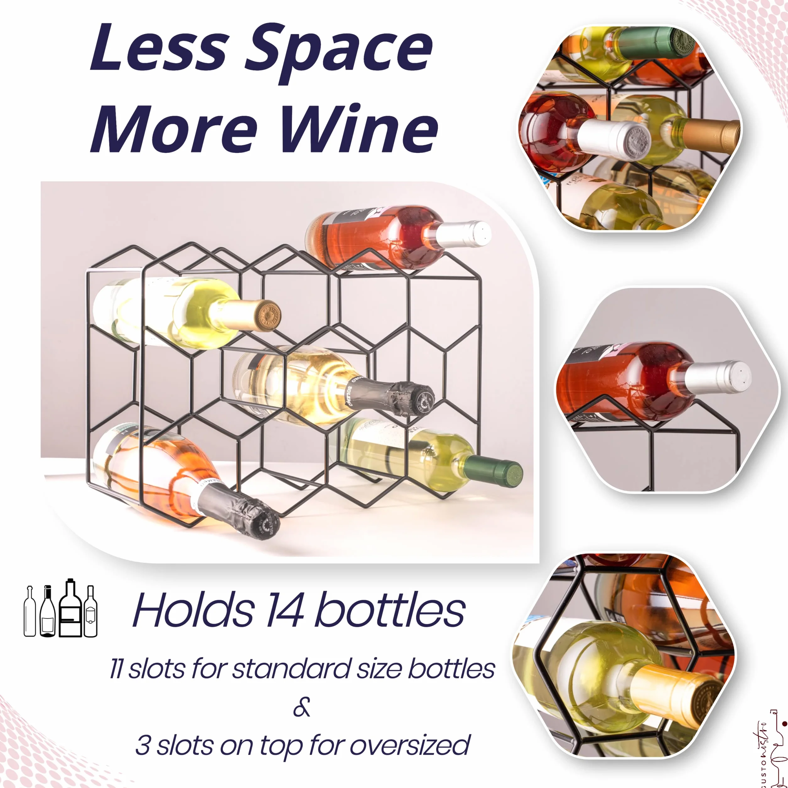 Gusto Nostro Stojak na wino na blacie, 14 butelek, wolnostojący, nowoczesny, czarny, metalowy, mały, 3-poziomowy stojak na wino, stojak na wino, bez konieczności montażu