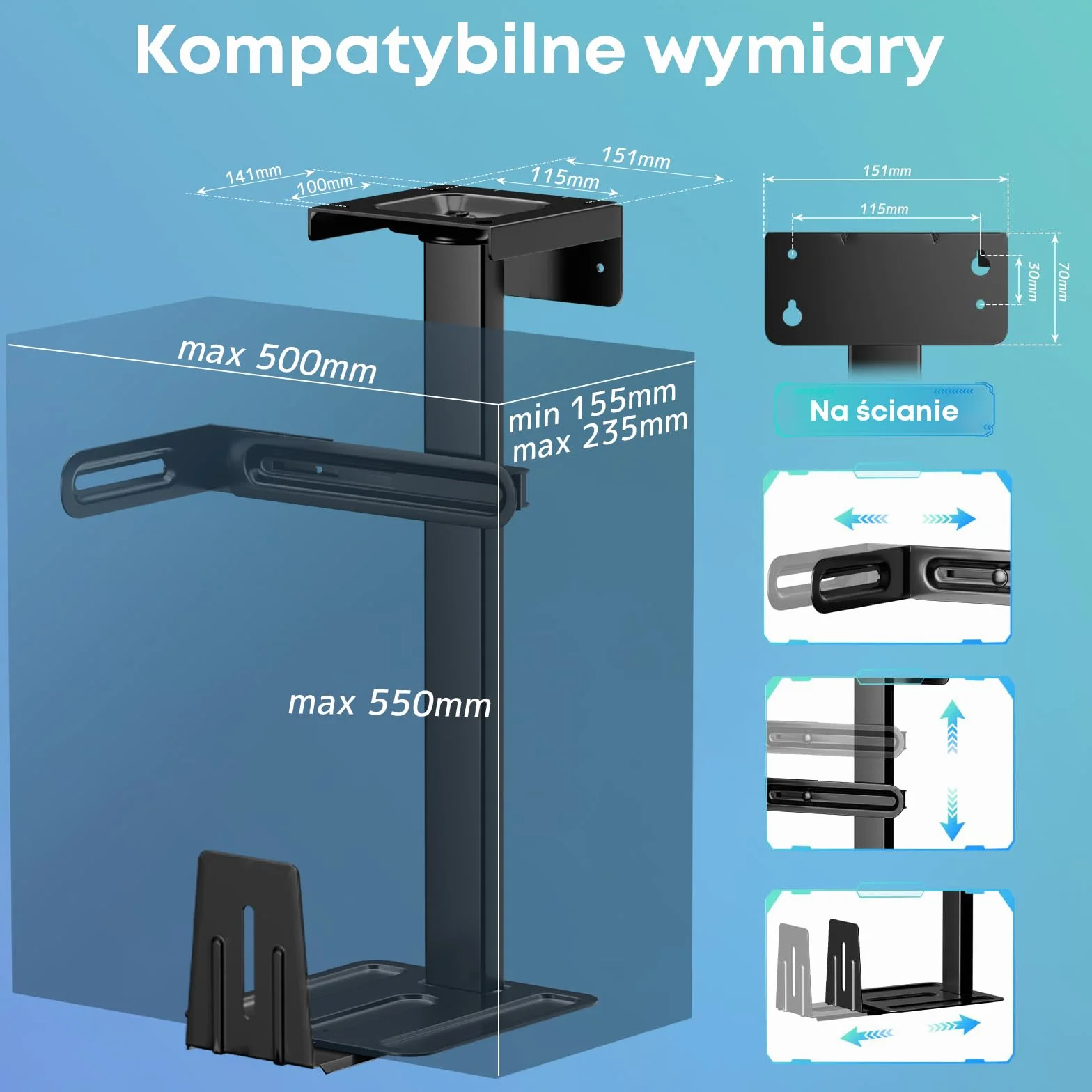 Support-PC Pod Biurko - Regulowany Wysokości i Szerokości, Obrót 360°, Do 30 kg, Dla Obudów PC, Czarny