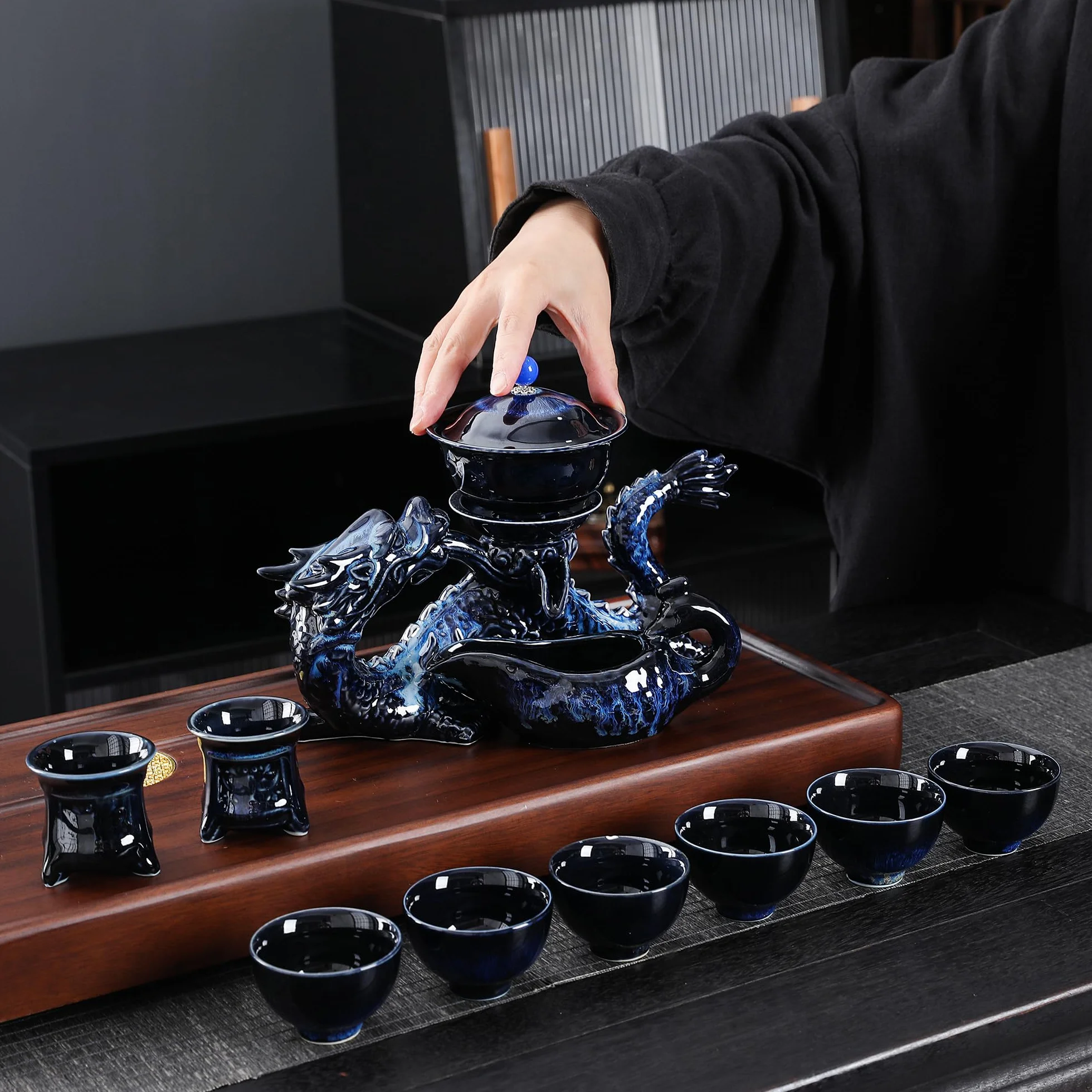 Fanquare Półautomatyczny Zestaw do Herbaty Niebieski Chiński Loong Kungfu Czajniczek Filiżanki 11-częściowy Tradycyjny Porcelanowy Serwis do Herbaty