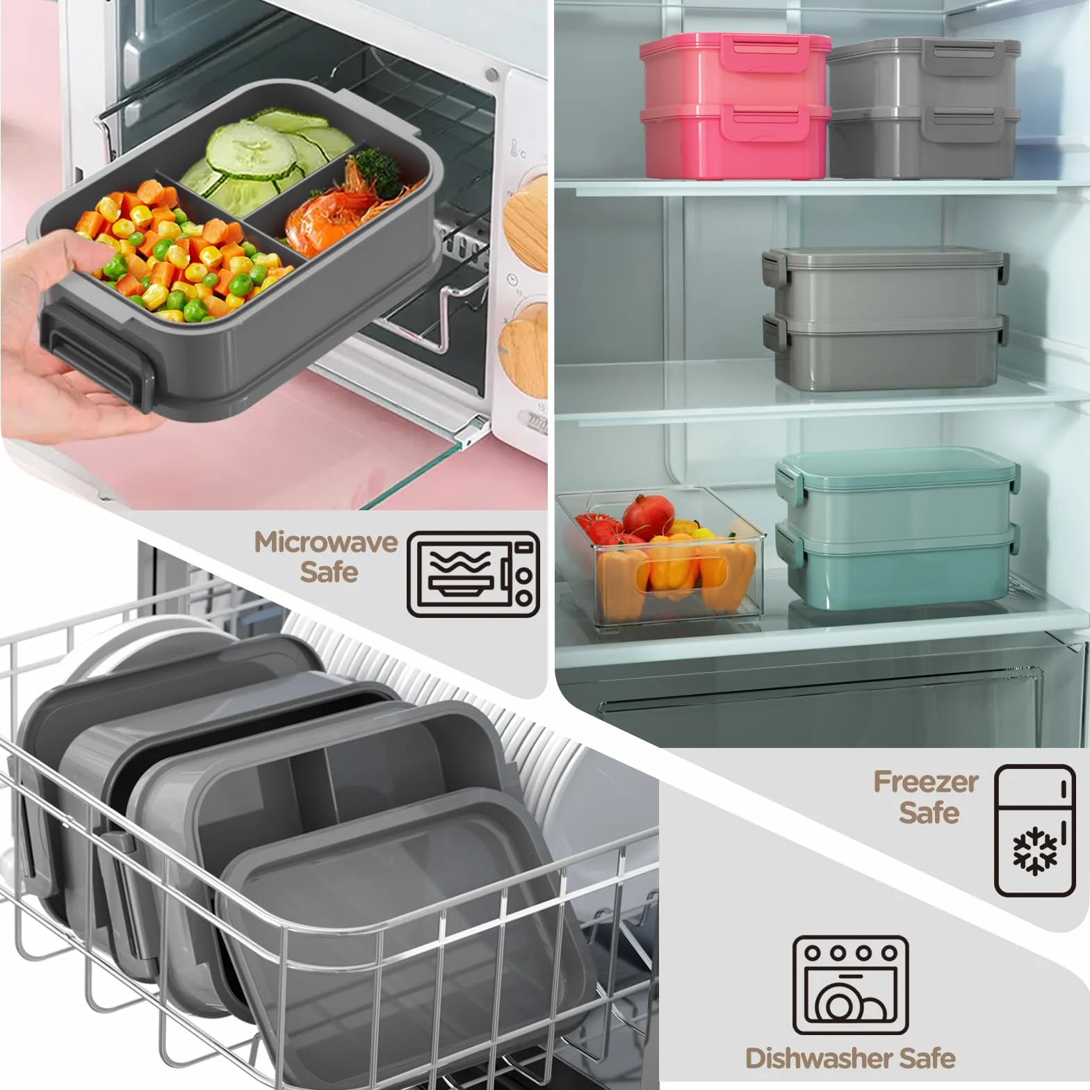 WayEee Pudełko na lunch dla dorosłych, 2130 ml, duża pojemność, pudełko na lunch Bento z przegródkami, 3 warstwy, szczelne pudełko Bento do biura, szkoły, szare