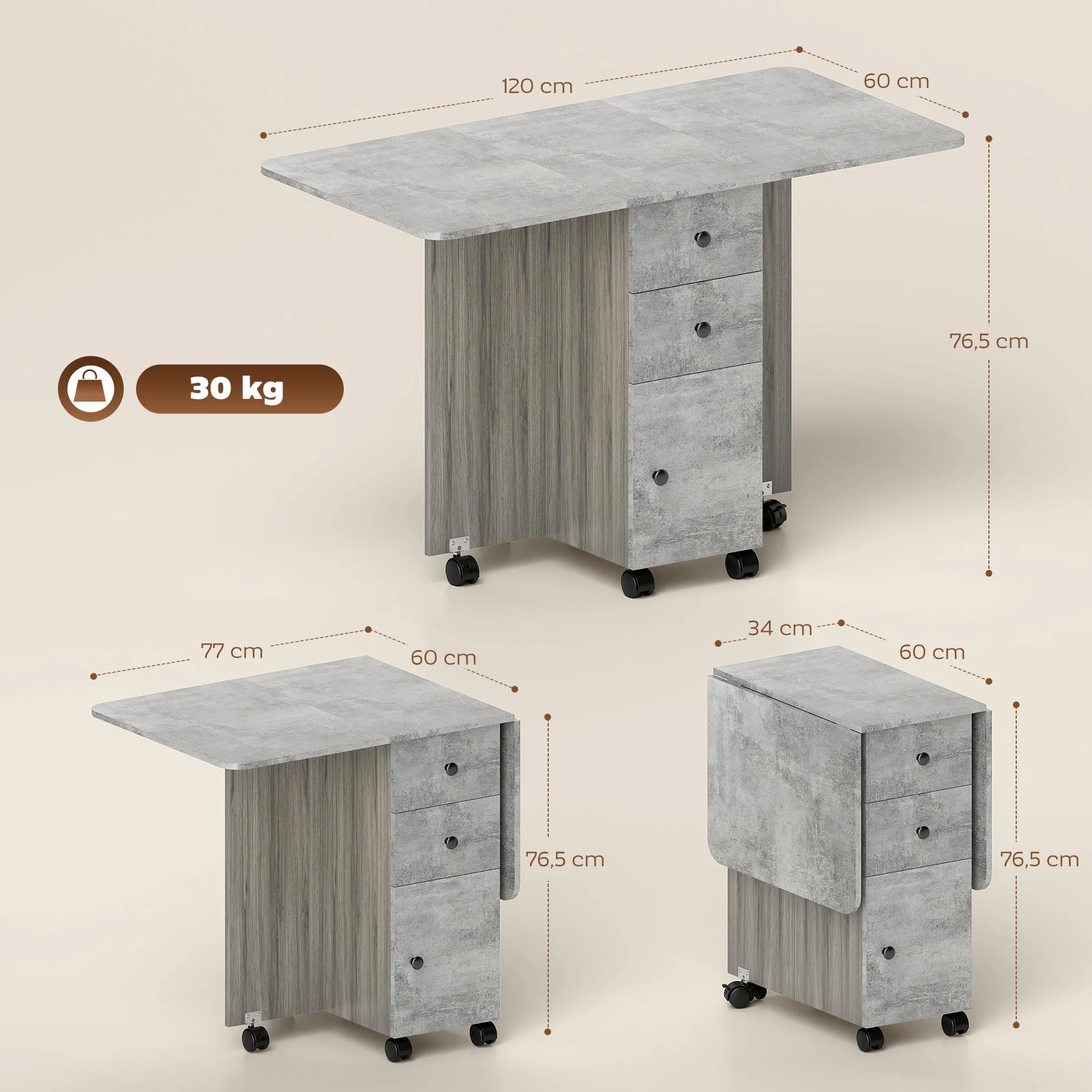 HOMCOM Składany stół kuchenny, składany stół jadalny 2 składane tace z 2 szufladami, 1 szafką i 1 półką do przechowywania 120 x 60 x 76,5 cm - szary