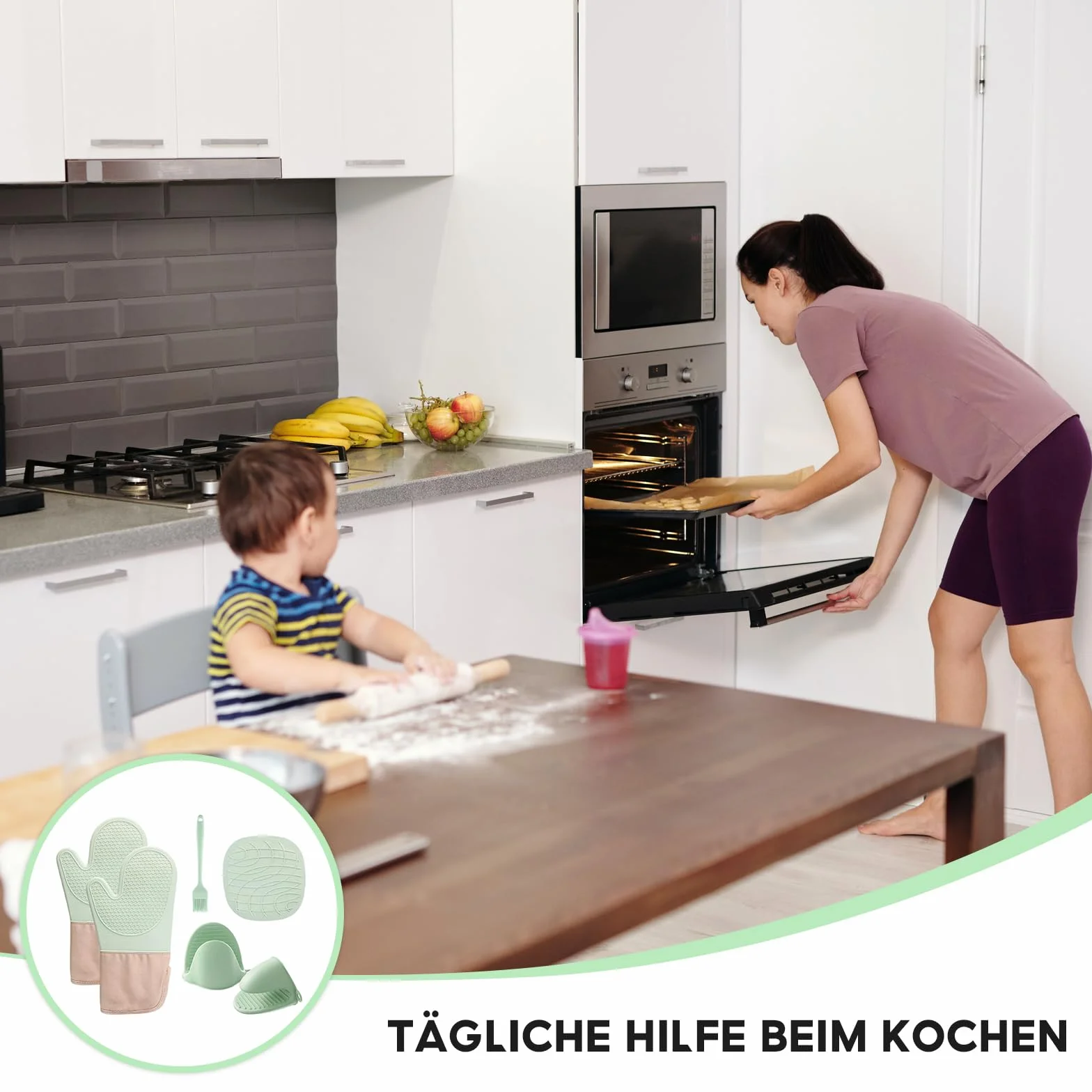 6 sztuk rękawic kuchennych, trwałe silikonowe rękawice do garnków, akcesoria kuchenne, rękawice do piekarnika z podstawką, garnkiem, haczykami samoprzylepnymi i szczotką, do kuchni, grilla, piekarnika