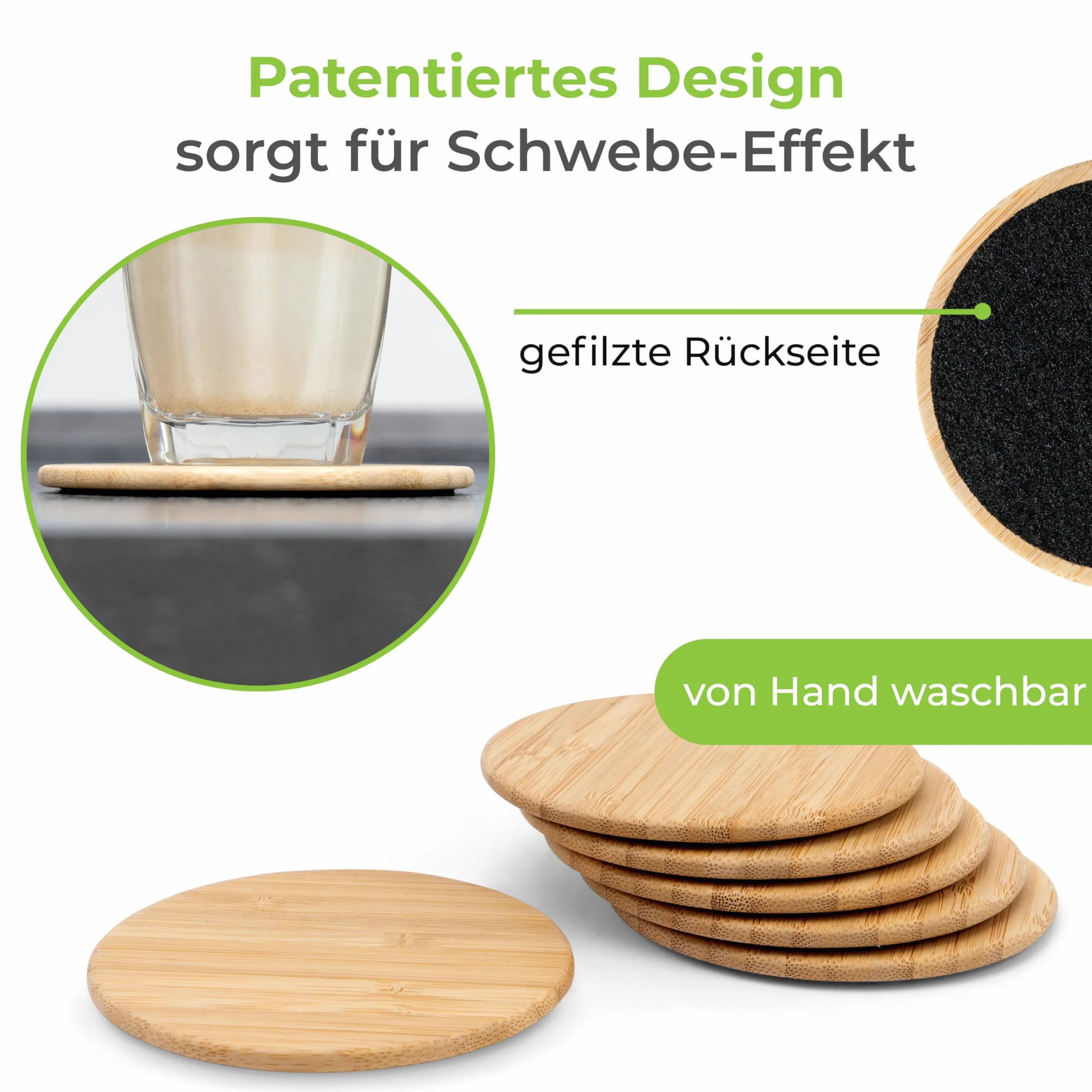 NOWOŚĆ: Greenable ® podkładki z bambusa i filcu [6 szt.] w zestawie z luksusowym uchwytem – designerskie podkładki pod szklanki w kolorze czarnym – dwustronne i z efektem antyhaftowym – podkładki pod