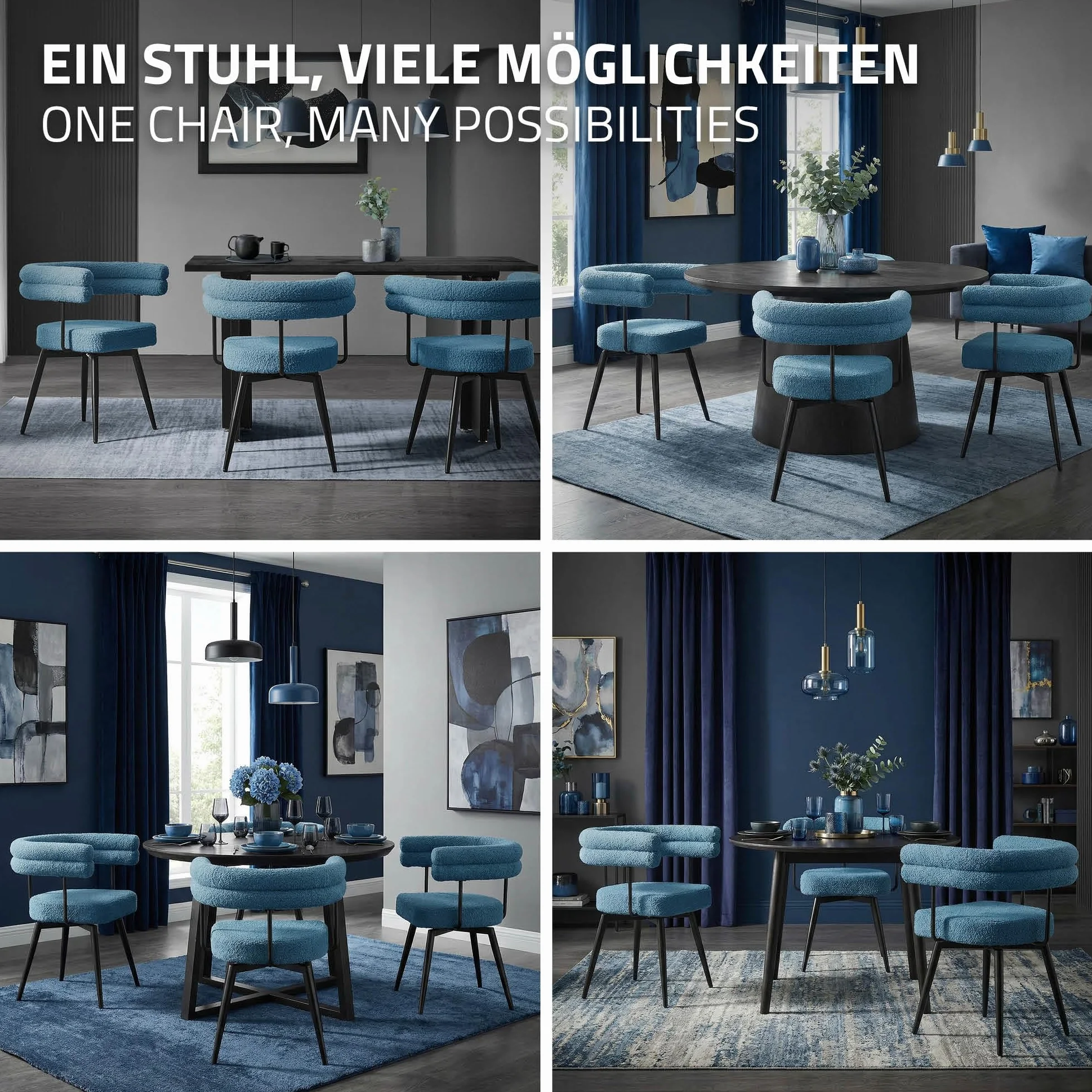 ML-Design Krzesla do salonu i jadalni obrotowe 360 stopni zestaw 4 szt niebieski Teddy tapicerowane z podlokietnikami ergonomiczne metalowe nogi komfortowe siedzisko do stolu kuchni styl nowoczesny
