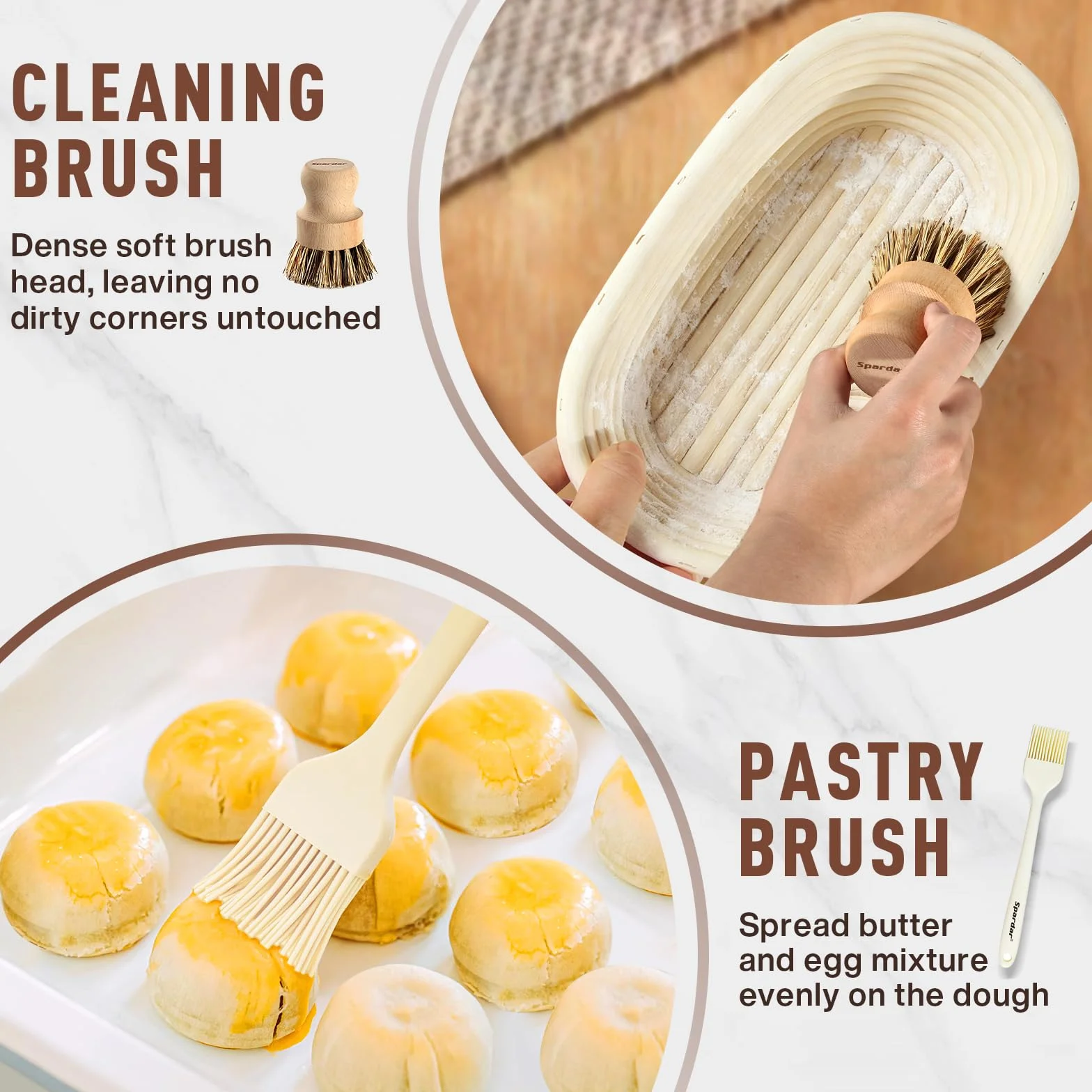 Spardar Zestaw okrągłych koszy na chleb (23 cm i 25 cm) i owalny, w 100% z naturalnego rattanu, z akcesoriami do pieczenia i fermentacji, dostarczany z matą do ugniatania