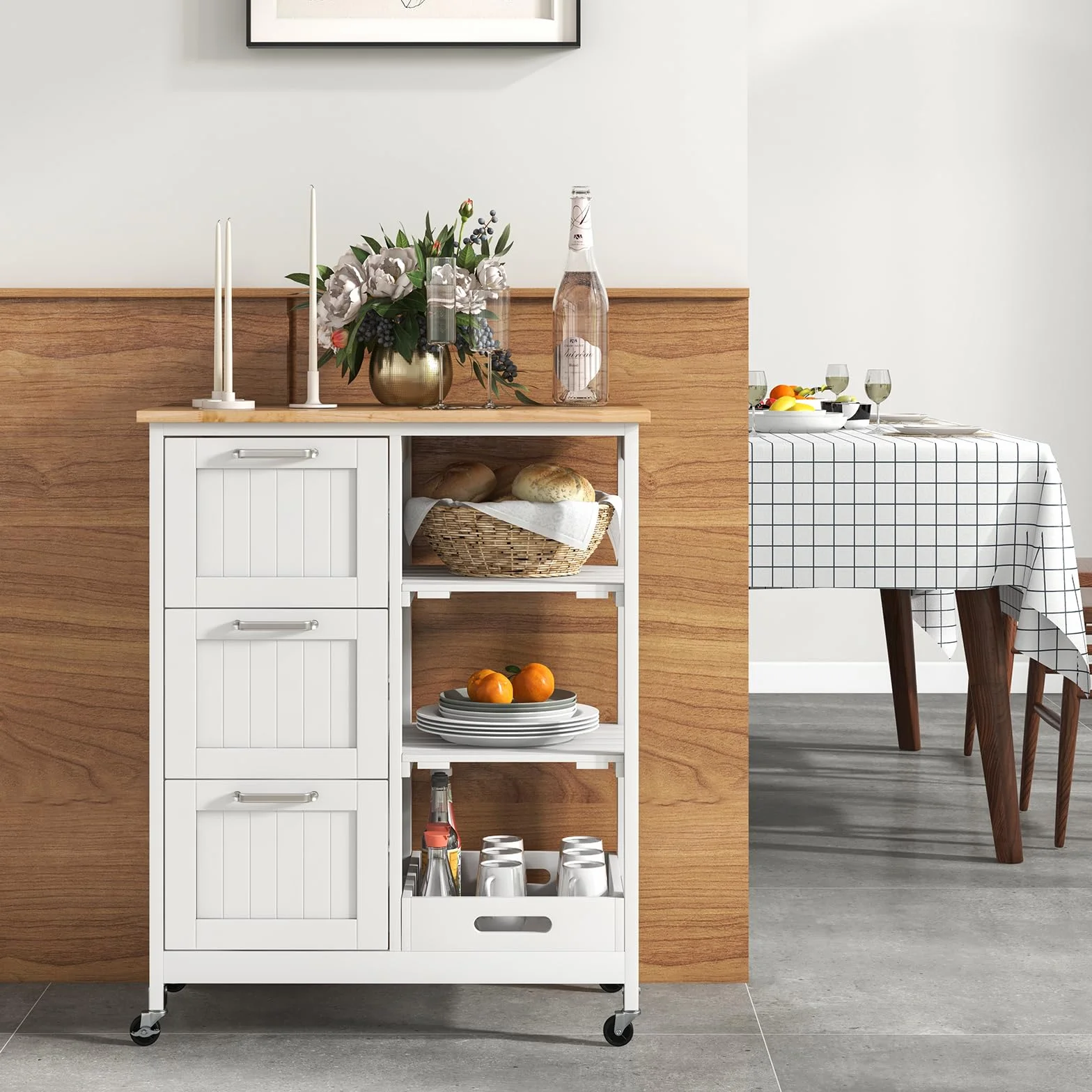 COSTWAY Wózek Kuchenny z Tacą 2 Poziomy 3 Duże Szuflady Regał Magazynowy Wyspa Kuchenna z Drewna Kauczukowego i Sosnowego 67x37x82,5 cm