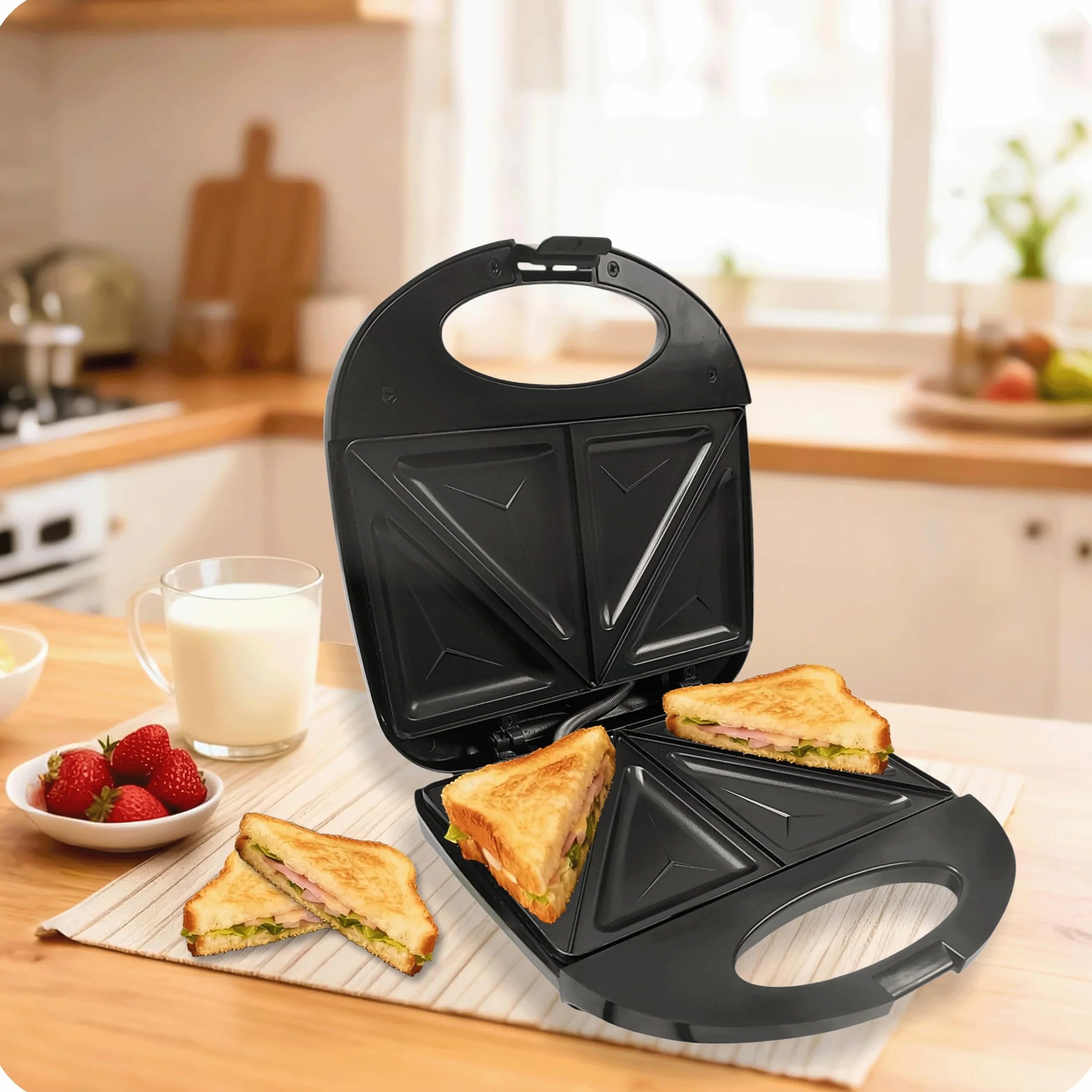 KRUMAD Opiekacz do kanapek 1000W – Dwuszczelinowy Sandwich Maker z powłoką nieprzywierającą, wskaźnikami LED i uchwytem termoizolacyjnym – Kompaktowy toster do tostów