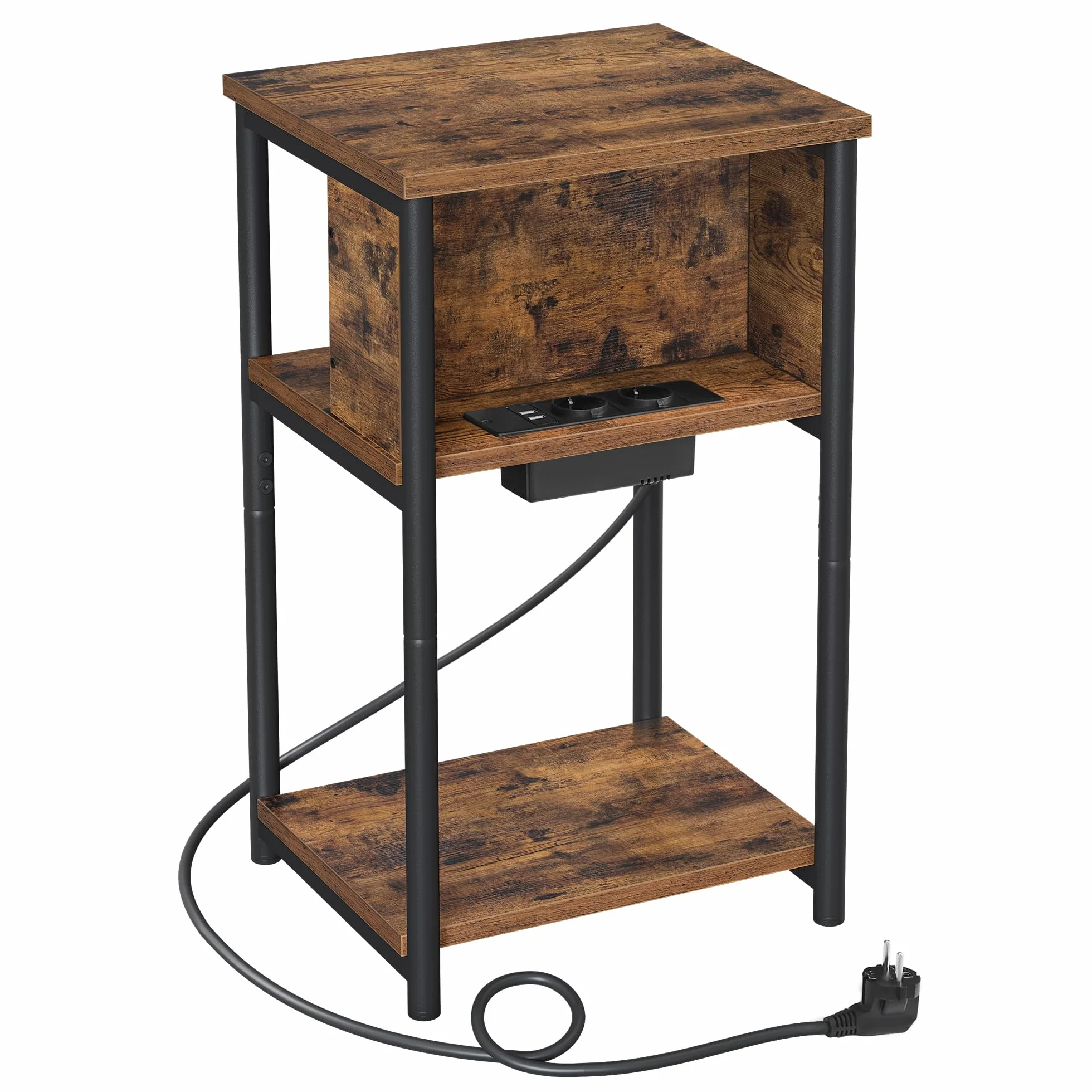 VASAGLE Stolik boczny, mały stolik nocny z listwą zasilającą, cienki, 2 gniazda AC, 2 porty USB, 30 x 34 x 58 cm, do salonu, sypialni, rustykalny brąz i czarny LET375B01