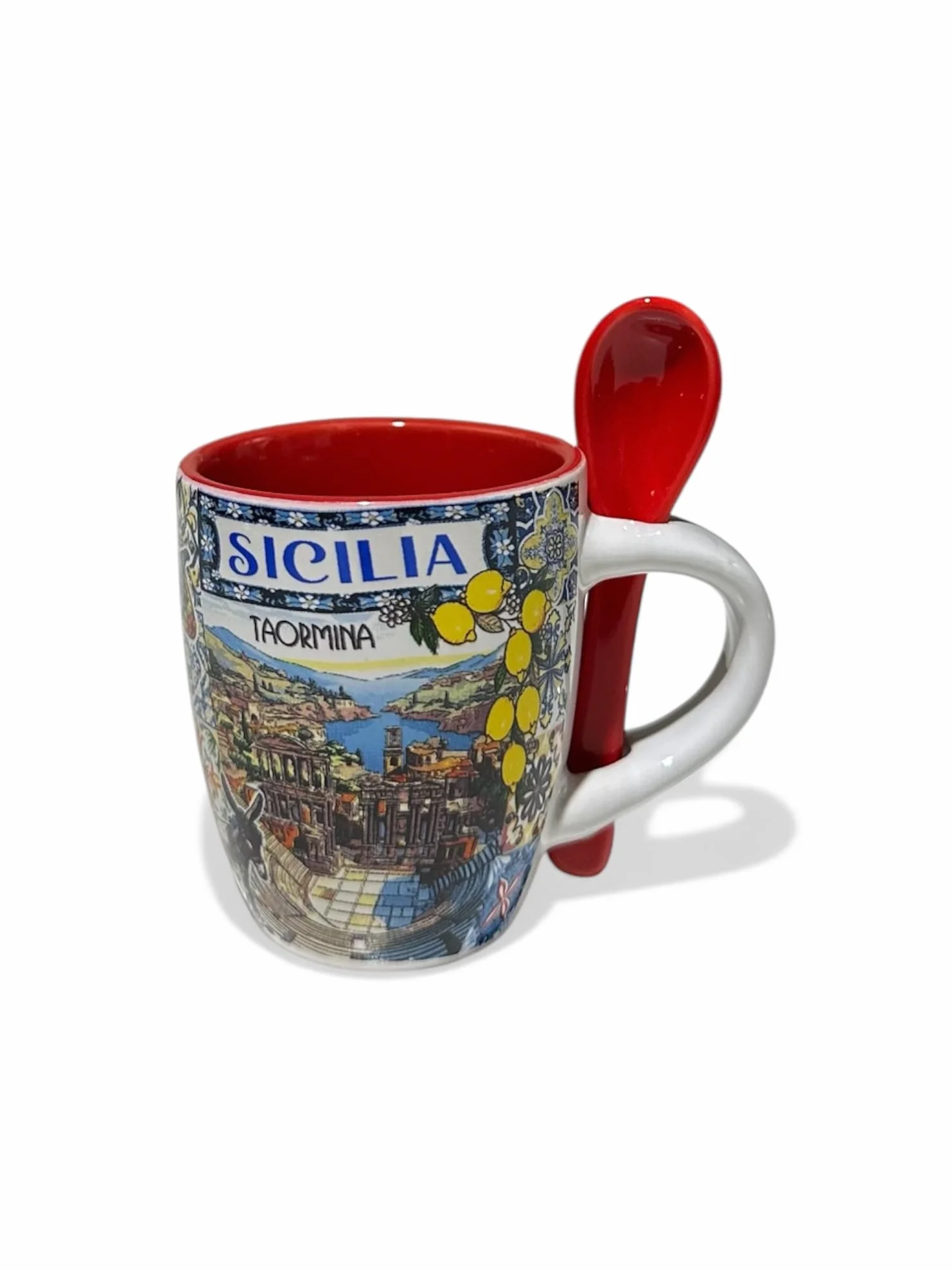 Sycylia Filiżanka do kawy z ceramiką / łyżeczką, ozdobiona filiżanką SOUVENIR, C/DECORO, 7 cm - H, pojemność 70 ml