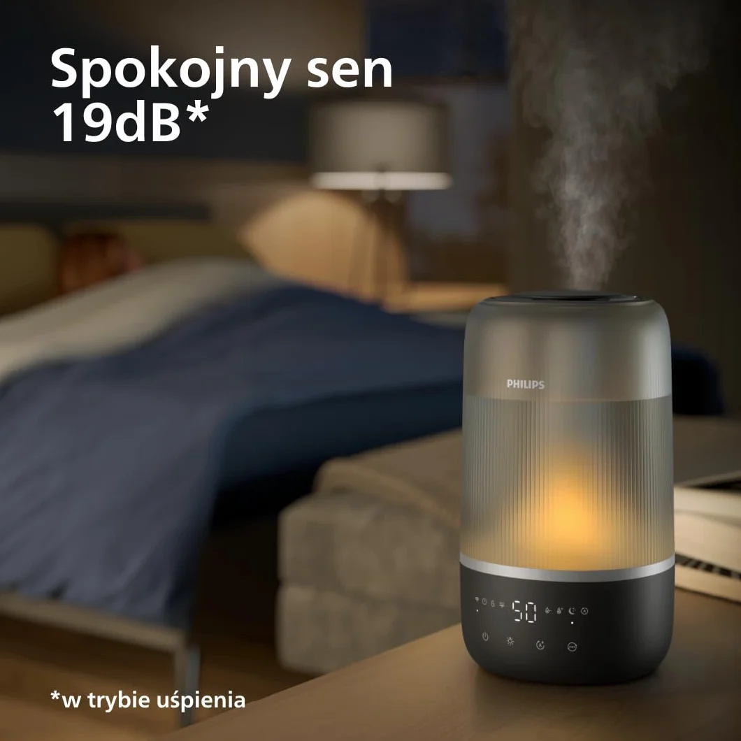 Philips Inteligentny nawilżacz, kompaktowy i mocny, z mgiełką Sky High, czas pracy do 32 godzin, aromaterapia, cichy, z ustawieniem snu i lampką nocną, do pomieszczeń o powierzchni do 41m² (HU1510/03)