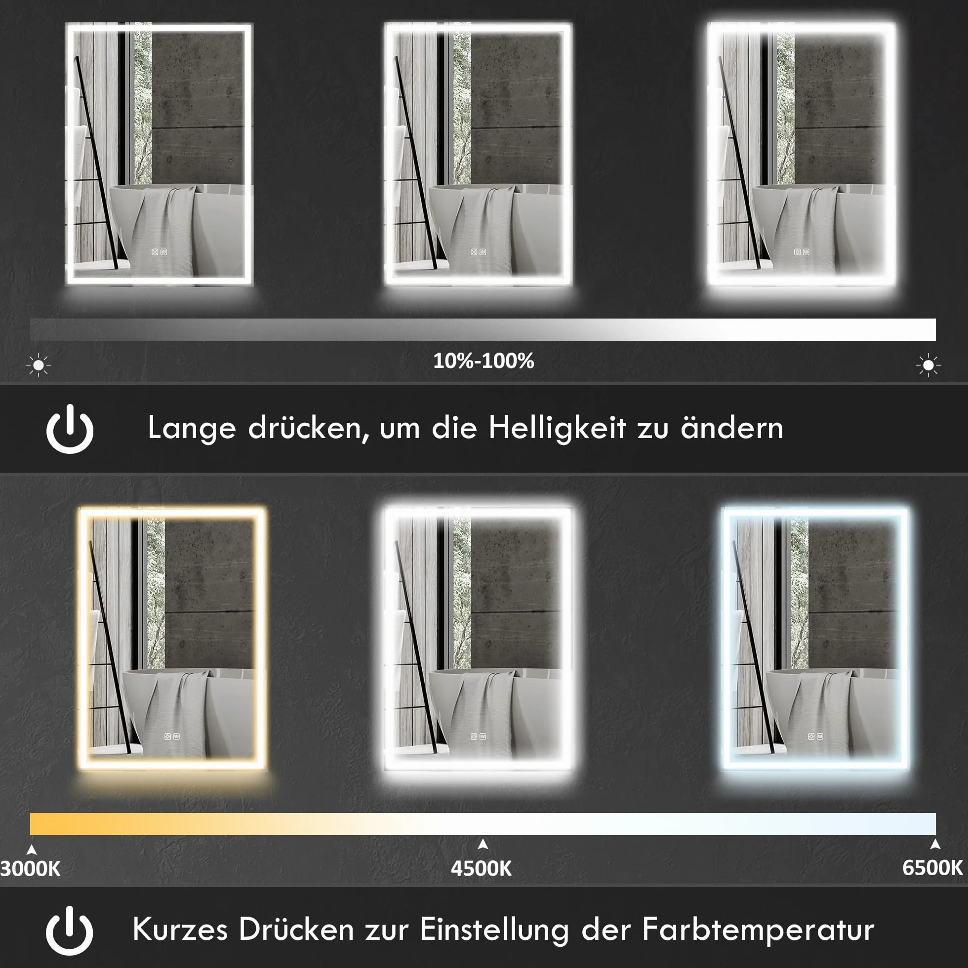 HOMCOM Szafka łazienkowa z lustrem z oświetleniem LED, szafka łazienkowa z lustrem, gniazdko, 50 x 12,8 x 70 cm, szafka wisząca z regulowaną półką, funkcja zapobiegająca zaparowaniu, 3 kolory światła
