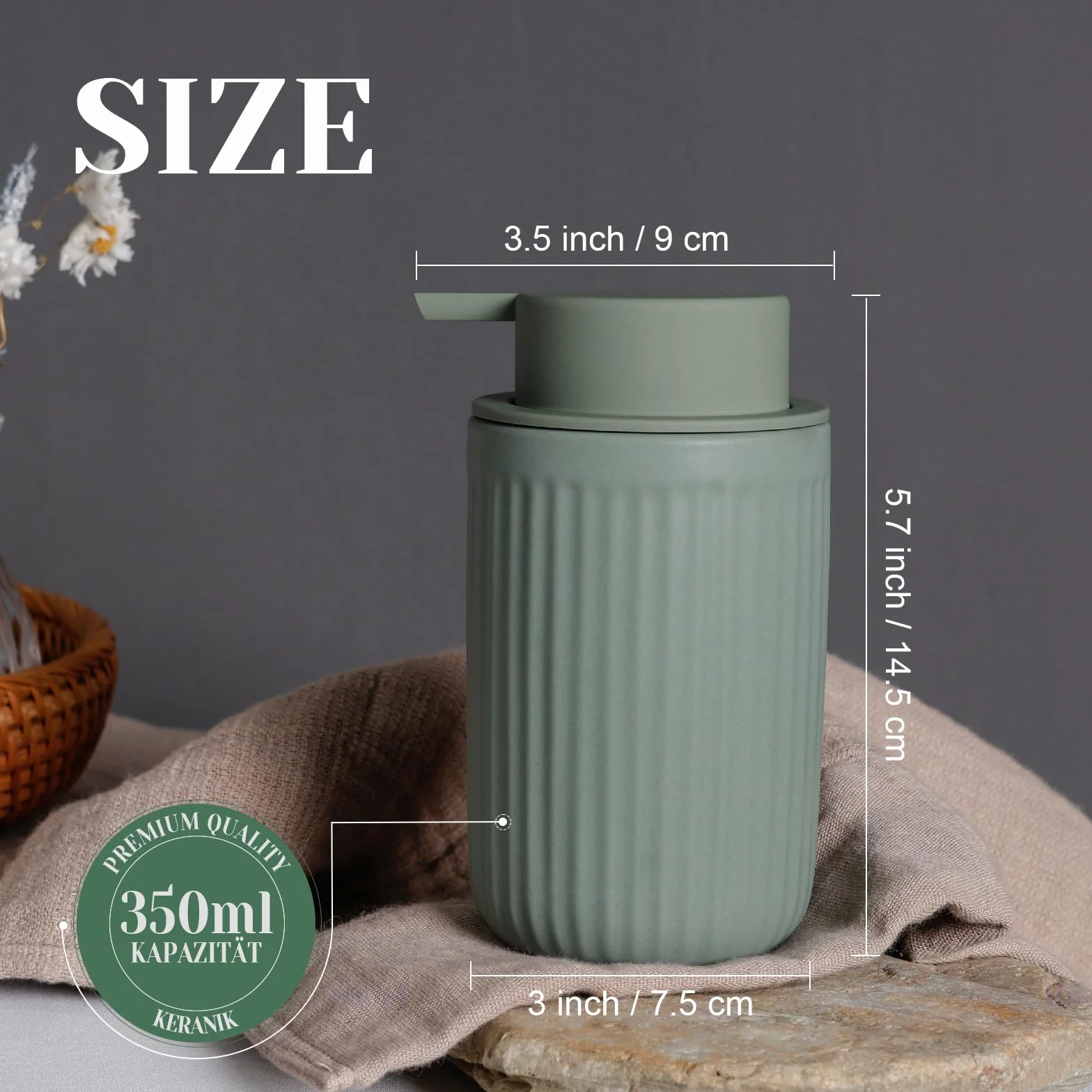 Dozownik mydła w piance, zielony, 350 ml, dozownik płynu do mycia naczyń z głowicą pompki piankowej, do wielokrotnego napełniania, ceramiczny matowy zielony, dozownik mydła do kuchni