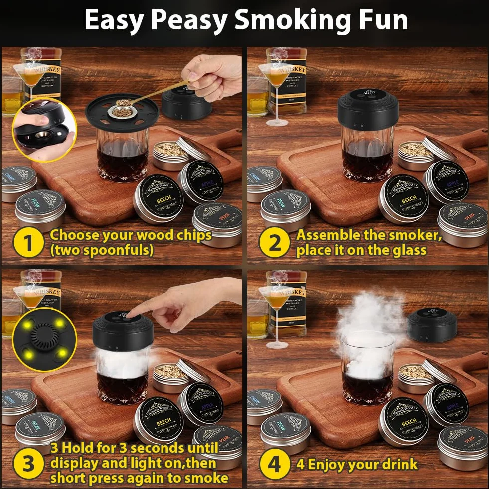 URAQT Zestaw wędzarki do whisky, 6 smaków wiórów drzewnych, zestaw do wędzenia whisky, klasyczny wędzarka do whisky z oświetleniem RGB, wędzarka na napoje, dla mężczyzn, ojca, męża