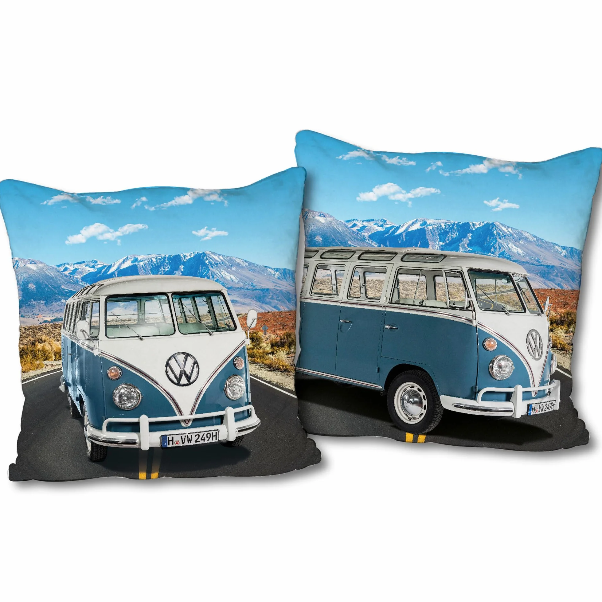 VW Volkswagen T1 dwustronna poduszka – niebieska, 40 x 40 cm, poduszka Bulli z 2 motywami, poszewka na poduszkę do kampera, idealna na sofę i łóżko, akcesoria do mieszkania, poduszka dekoracyjna, na