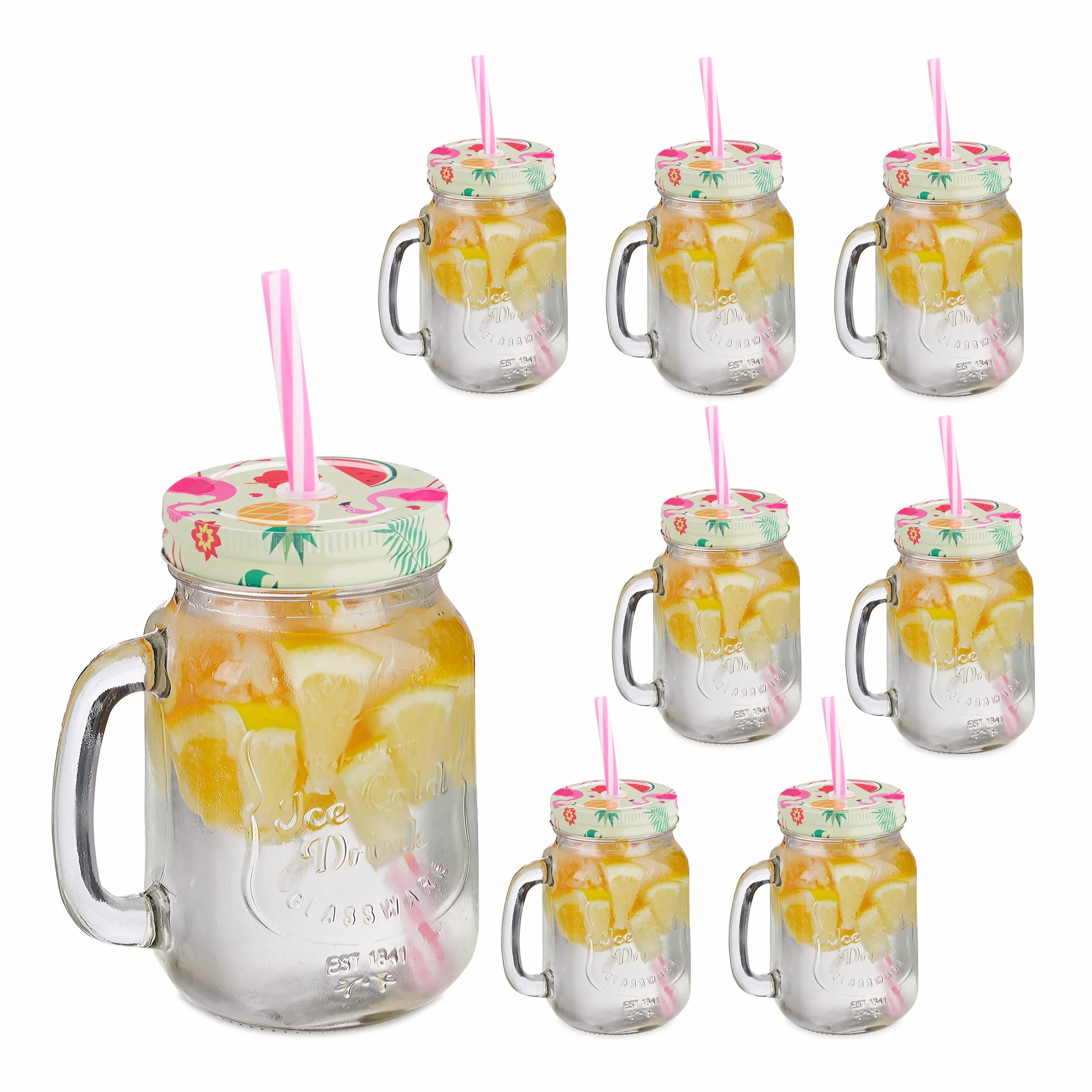 Relaxdays zestaw 8 słoików ze słomkami, szklanki na napoje z uchwytami, motyw flamingów, 500 ml, na lato, kolorowy