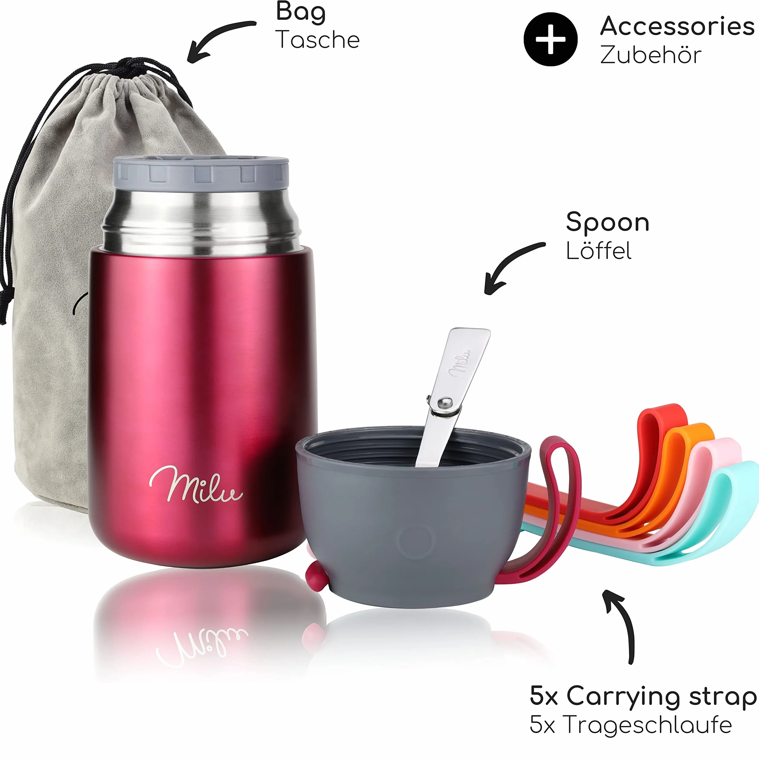 Milu® termos obiadowy 450, 650 ml, ze stali nierdzewnej, na żywność dla niemowląt, utrzymujący ciepło jedzenia, na musli, na wynos, jagodowy, 650 ml, możliwość personalizacji