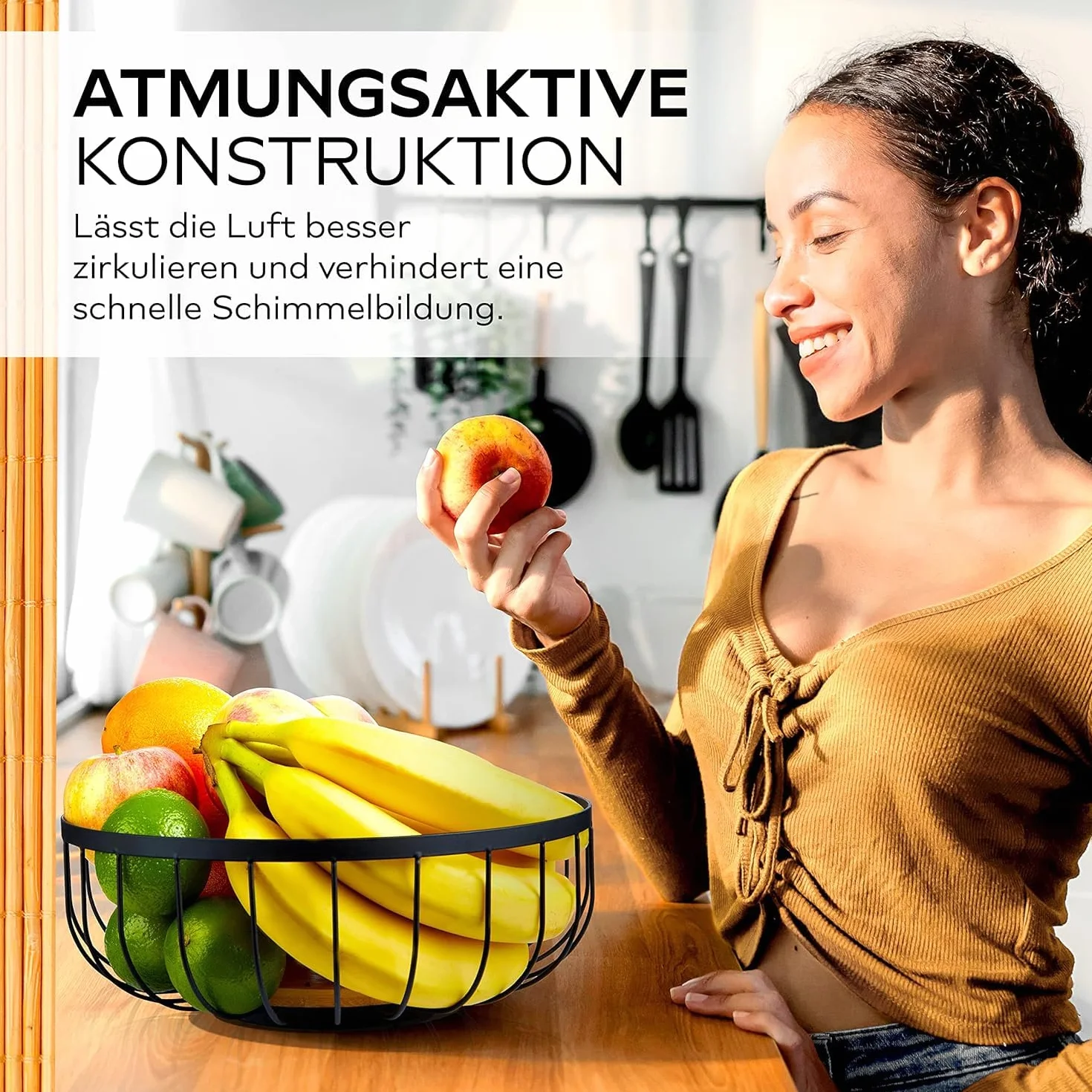 HIKITCHEN® Kosz na owoce – kosz na owoce – miska metalowa i bambusowa – miska na owoce do kuchni i gospodarstwa domowego – uchwyt na owoce (czarny)