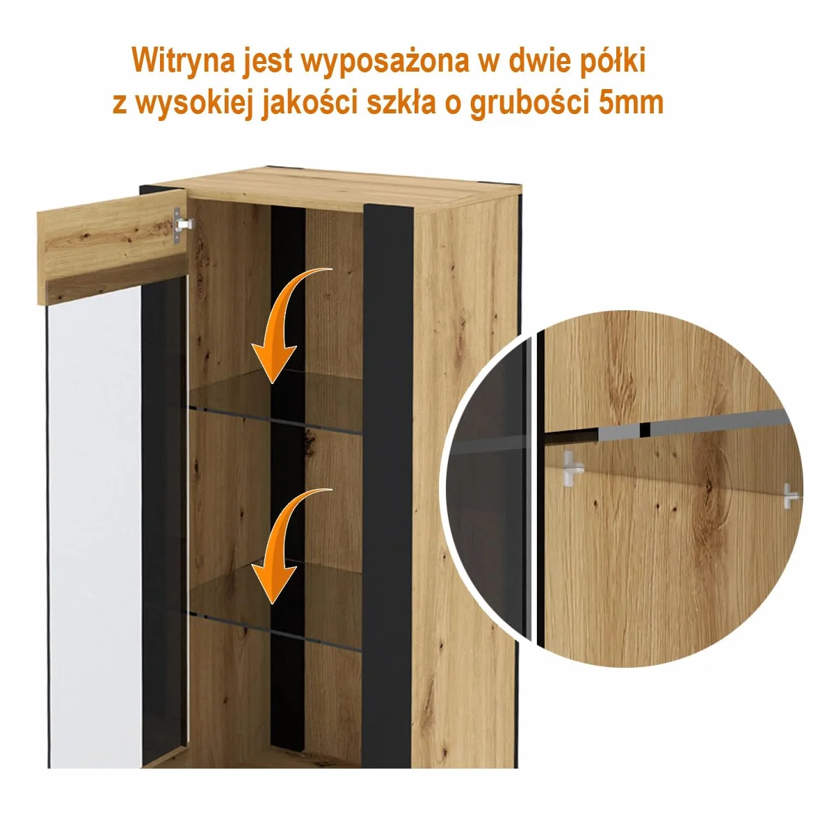 Witryna Nuka E 58 cm – dąb artisan czarna, nowoczesna szafka stojąca do salonu i jadalni, przeszklony mebel ekspozycyjny do przechowywania, kolekcja Nuka