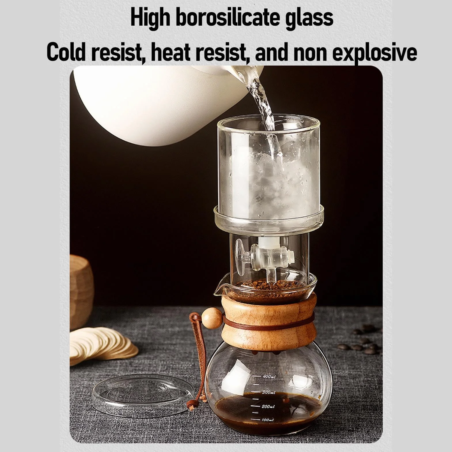 AUNMAS Ekspres do Kawy Mrożonej Ice Cold Brew Dripper, 400 Ml, Przezroczysty Szklany Ekspres do Kawy Mrożonej Cold Brew Drip Tower z Papierowymi Filtrami do Domu, Biura, Kawiarni,
