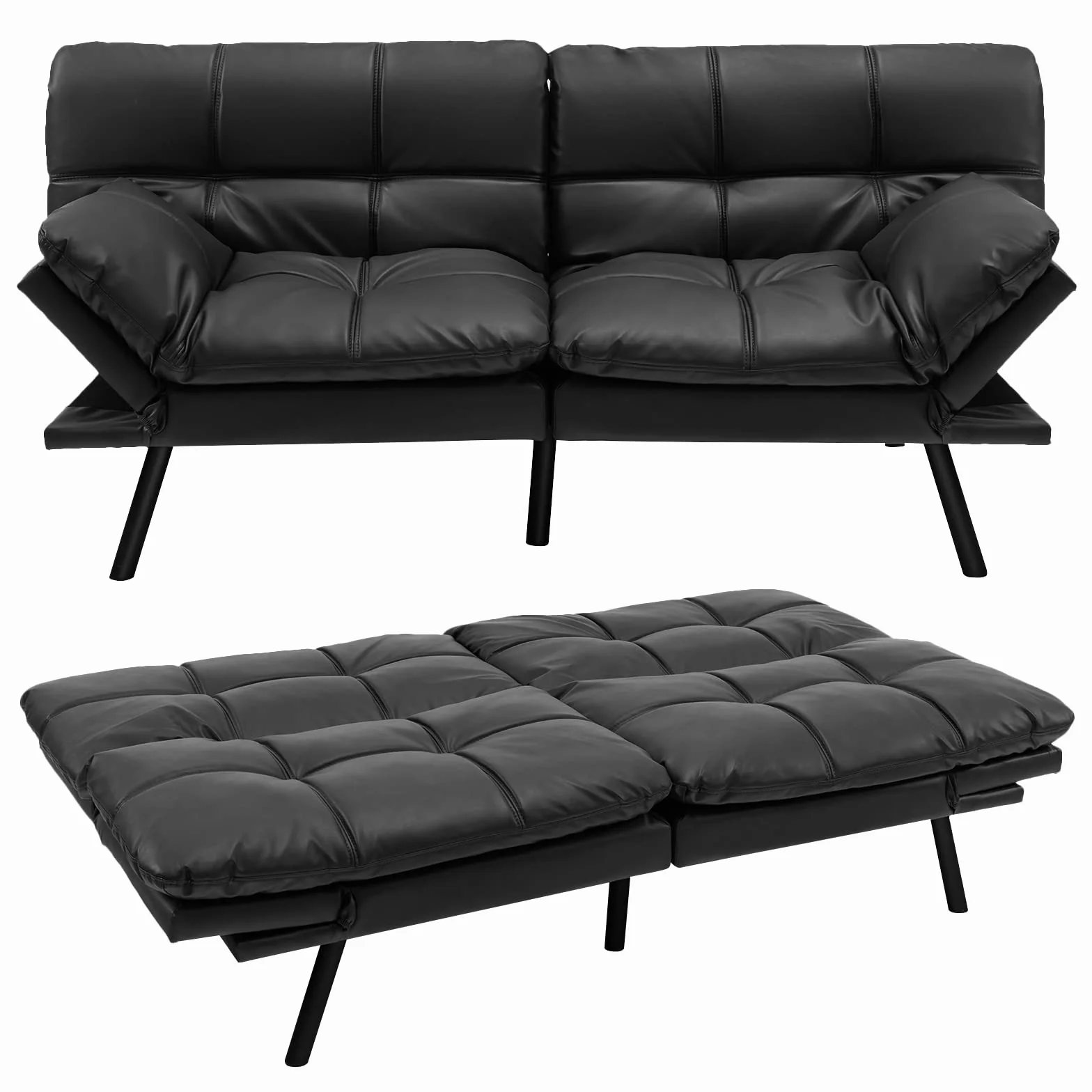 COSTWAY Rozkładana sofa do spania, sofa z funkcją spania, przekształcalna sofa do spania z regulowanym oparciem, sofa do spania z dużą powierzchnią leżącą 182 x 106,5 cm do salonu (czarny)