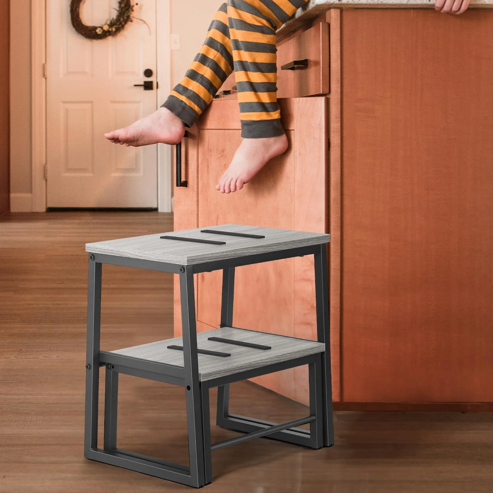 LIANTRAL 2 w 1 taboret ze schodkiem dla dorosłych i dzieci, 2 poziomy, drewniany taboret o nośności 160 kg, metalowa rama, podnóżek do łóżka piętrowego, antypoślizgowy taboret do kuchni, biura, zamek