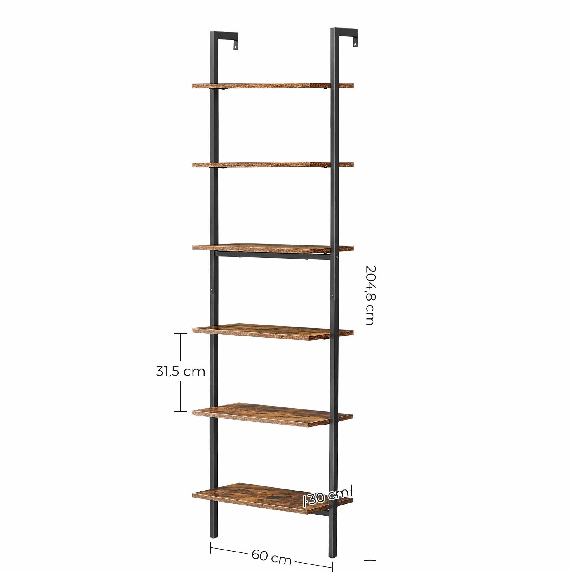 VASAGLE Półka stojąca podłogowa, regał, 6 półek, półka drabinkowa, do przechowywania książek, dekoracja, sypialnia, salon, biuro, 60 x 30 x 204,8 cm, vintage brązowo-czarny LLS103B01