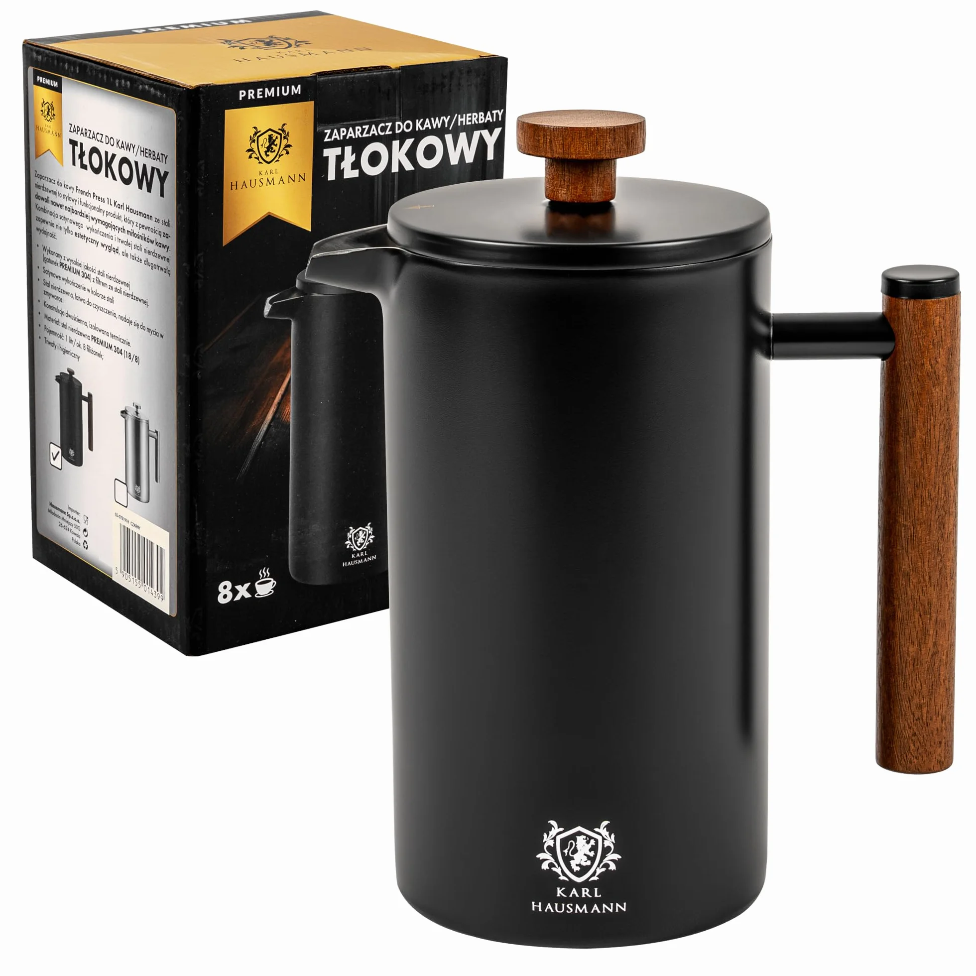KARL HAUSMANN Zaparzacz do Kawy French Press 1L – Czarny Satynowy – Stal Nierdzewna 18/8 – Dwuścienny, Termiczny, Tłokowy Zaparzacz do Kawy i Herbaty – Elegancki Design, Pokrywka, Łatwe Czyszczenie