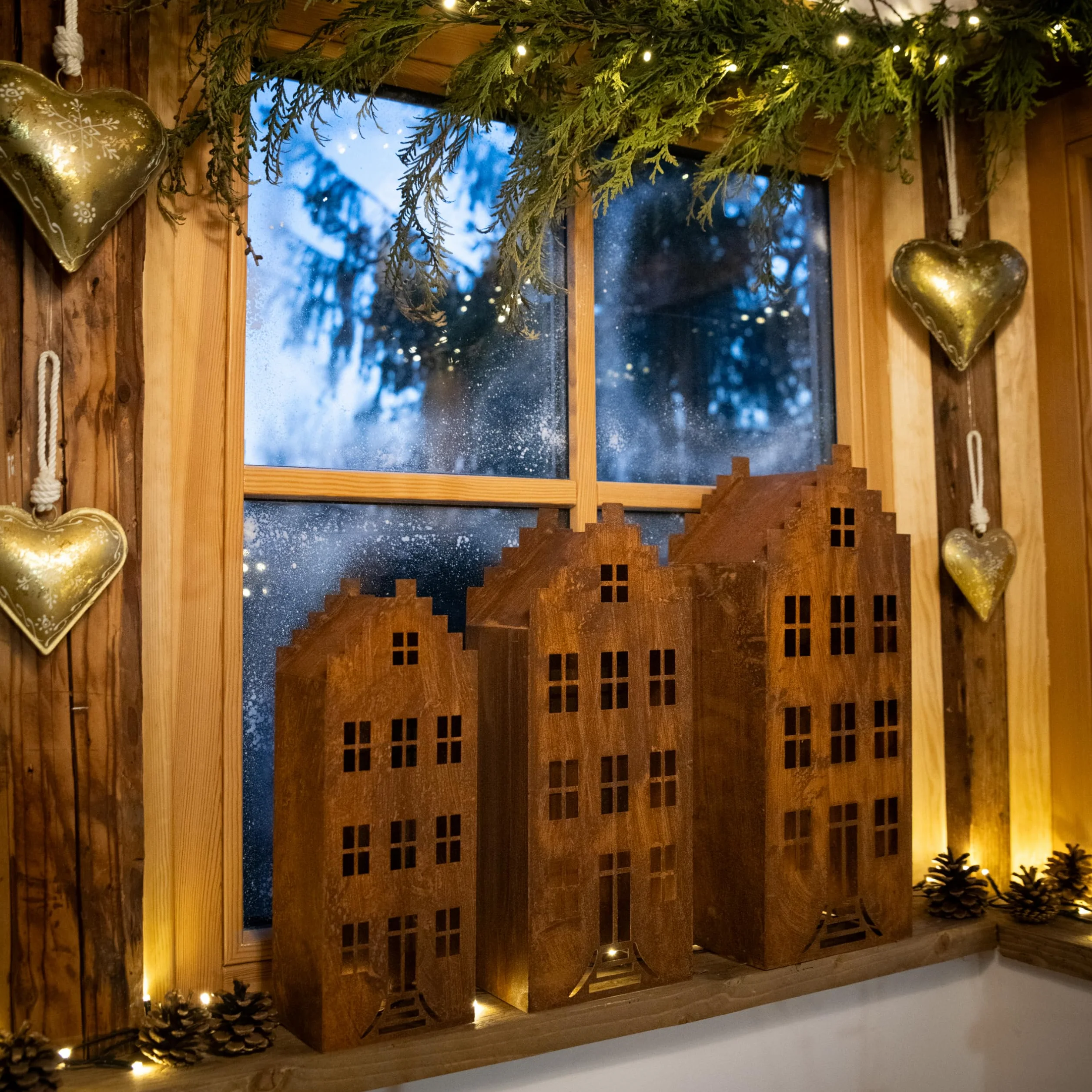 Kapaga - rdzawy metalowy lampion na świece do wnętrz, latarnie ogrodowe, świece, domek z latarniami, domek na podgrzewacze, do Room Decor, na prezenty, szlachetna rdza (rdza, wysokość 33 cm)