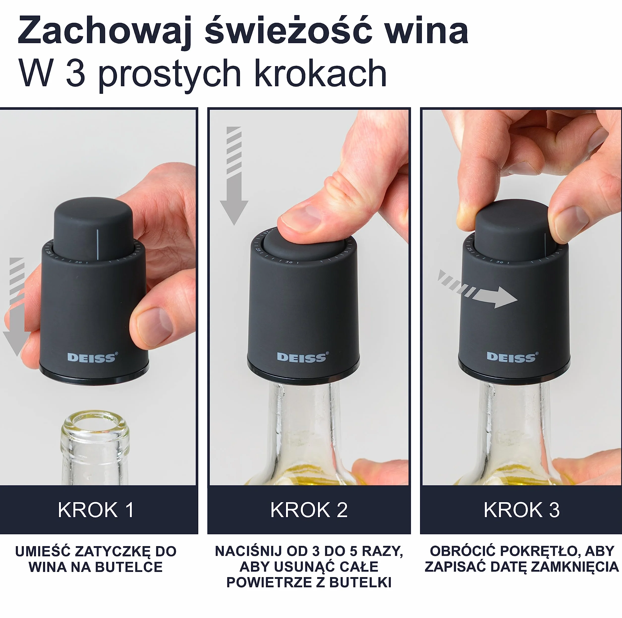 Deiss LUX [2 SZT.] Korki do butelek wina, korki do wina wielokrotnego użytku, pompka próżniowa do wina ze znacznikami daty, korek do wina, korek do wina, zapewniający świeżość