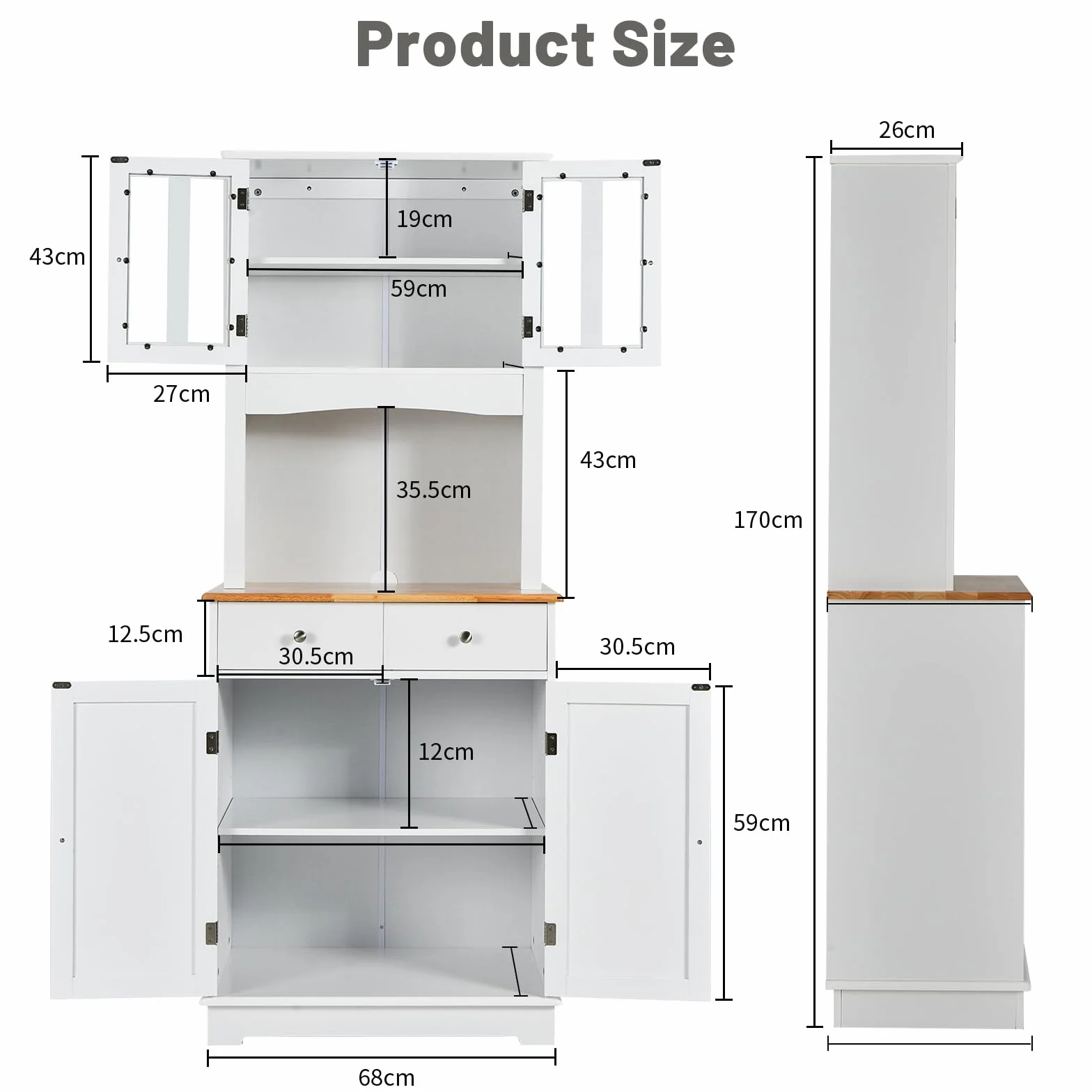 KOMFOTTEU Drewniana szafka bufetowa z blatem roboczym 2 szuflady regulowane półki 68,5 x 40,5 x 170 cm biała