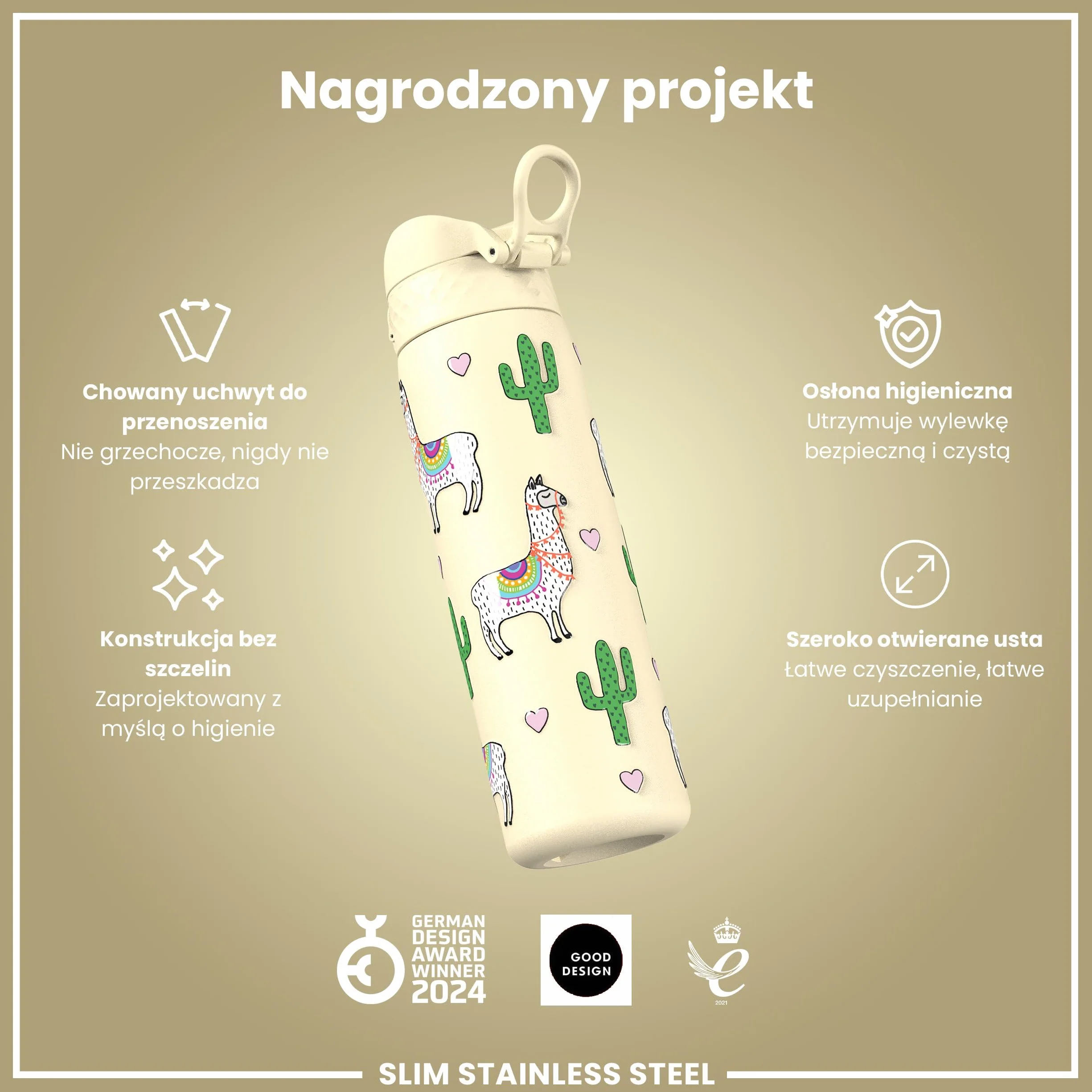 ION8 Butelka na Wodę ze Lekki Stali, 600 ml/20 oz, Nieocieplany, Szczelna, Łatwe Otwieranie, Bezpieczny Zamek, Można Myć w Zmywarce, Higieniczne Pokrycie, Składany Uchwyt, Lamy
