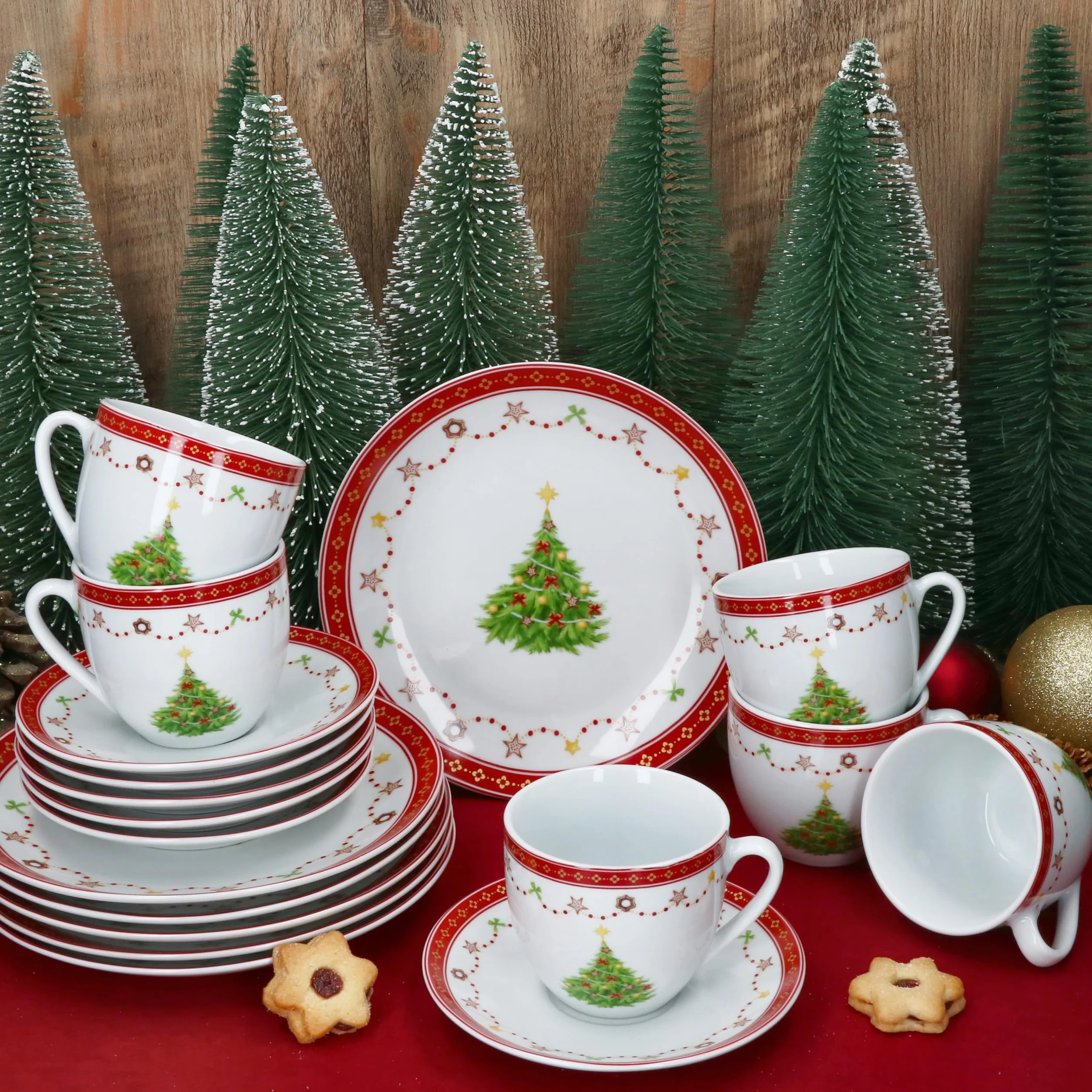 MamboCat Weihnachtstraum 18-częściowy serwis do kawy, porcelanowy zestaw do kawy dla 6 osób z dekoracją bożonarodzeniową, po 6 filiżanek do kawy 190 ml, spodki i talerze do ciasta, naczynia na Boże