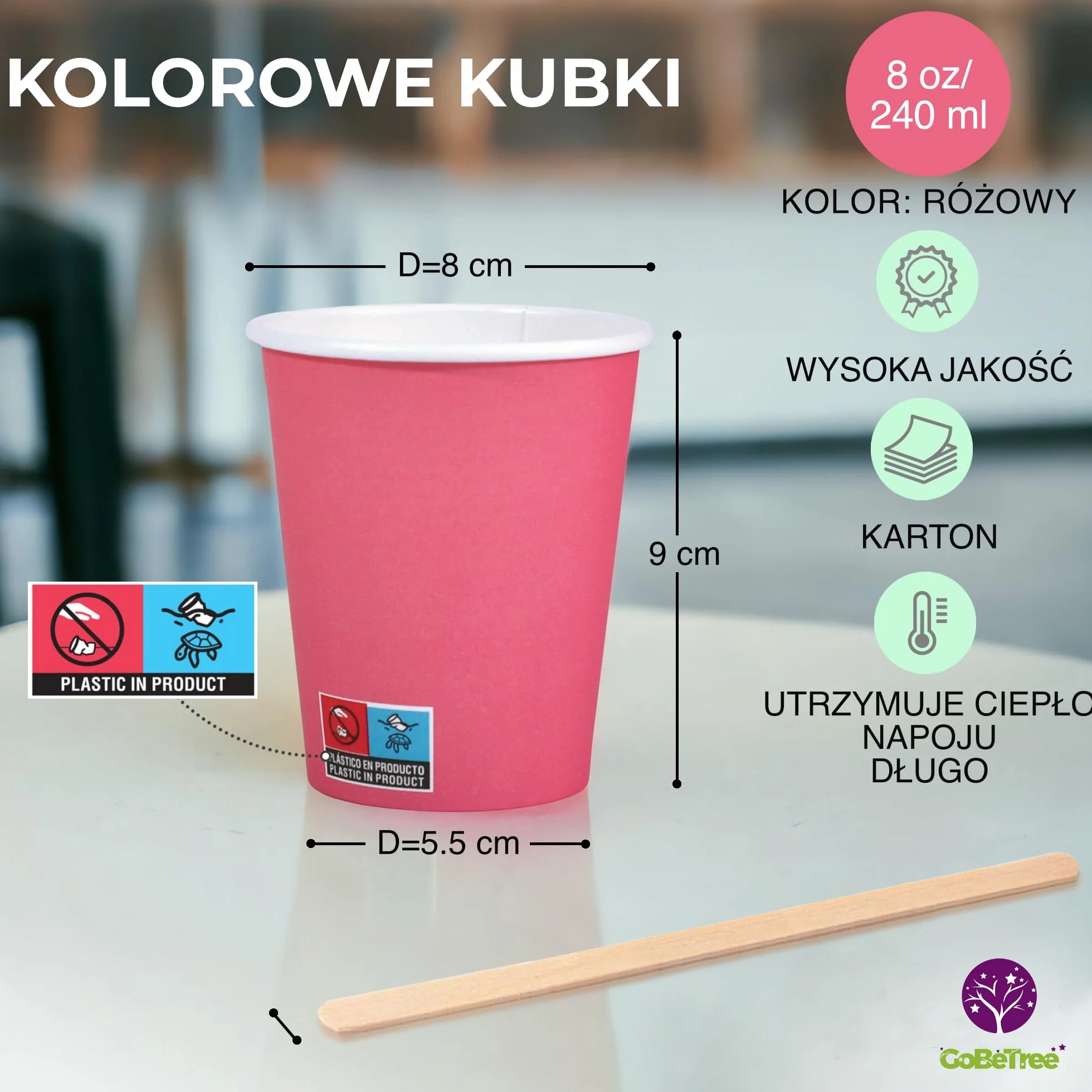 GoBeTree Kubki Papierowe Różowe 240 ml (8 oz), 100 sztuk jednorazowe na przyjęcie księżniczki, baby shower dziewczynki, gender reveal, urodziny, komunia i Dzień Matki, niedzielne spotkanie rodzinne