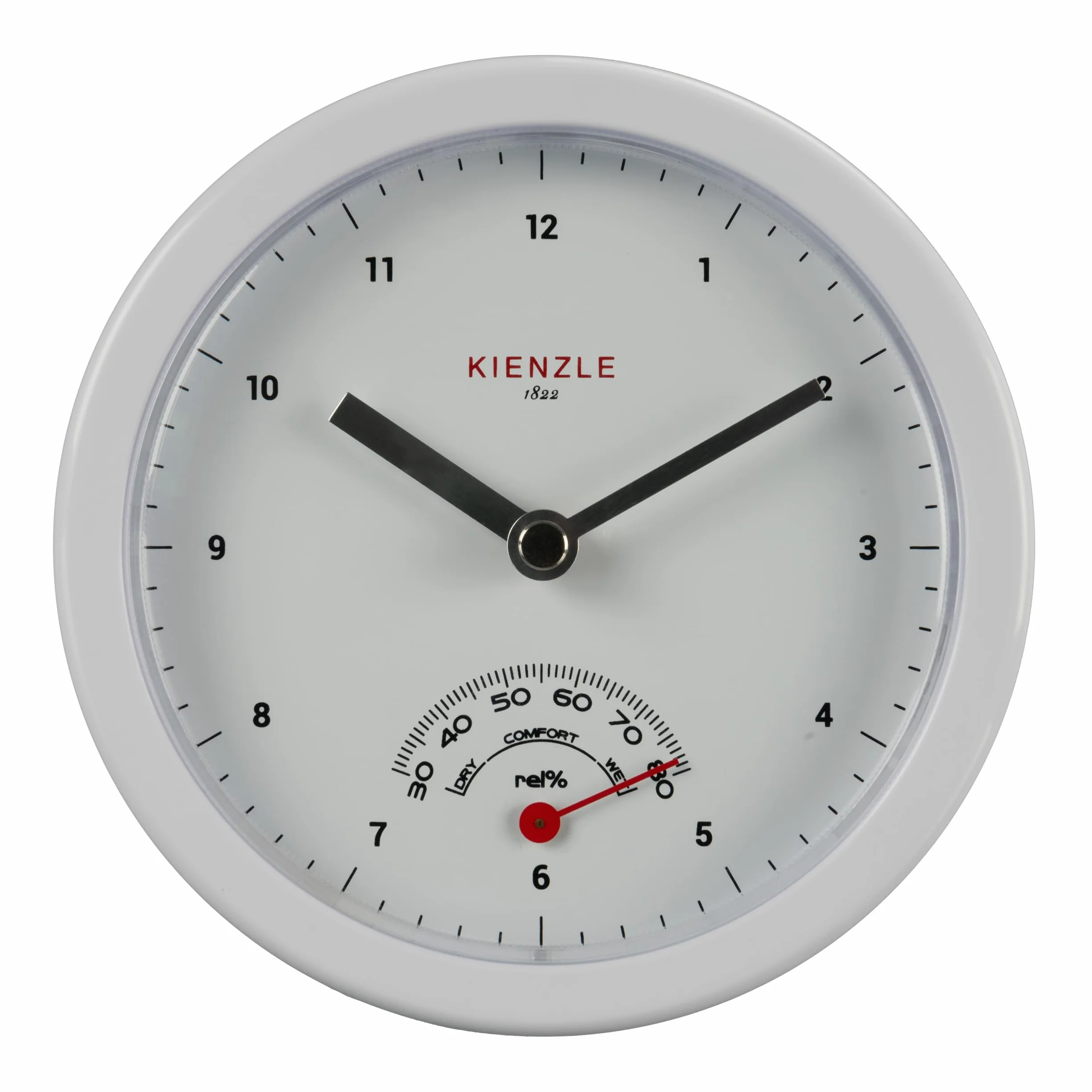 Kienzle Zegar łazienkowy 14 cm z mechanizmem kwarcowym, higrometrem i wskaźnikiem komfortu, ochrona przed rozbryzgami wody, montaż ścienny lub podstawa
