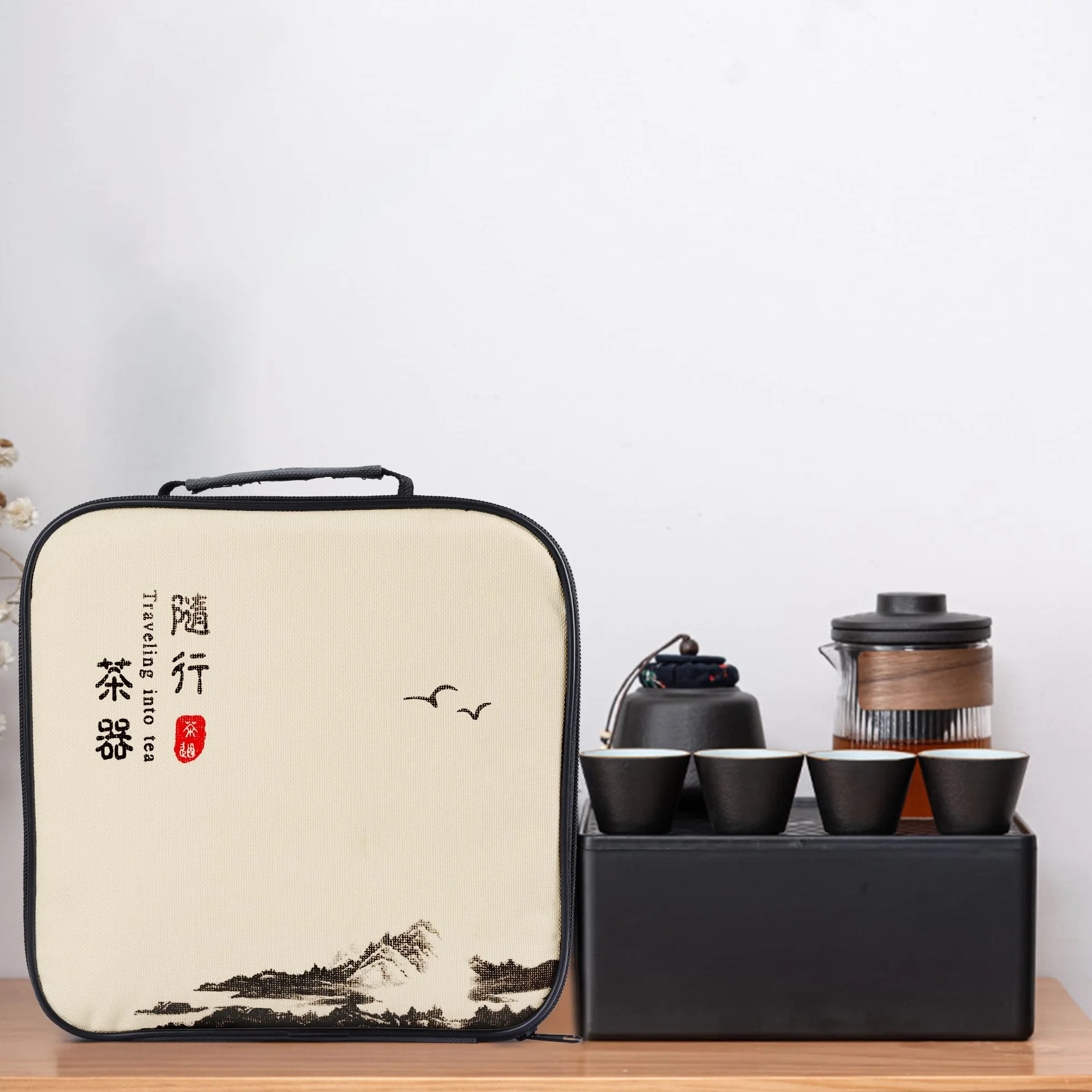 fanquare Chiński czarny zestaw do herbaty Kung Fu, japoński przenośny zestaw do herbaty z tacą, ceramiczny podróżny zestaw do herbaty, upominkowy zestaw do herbaty dla dorosłych