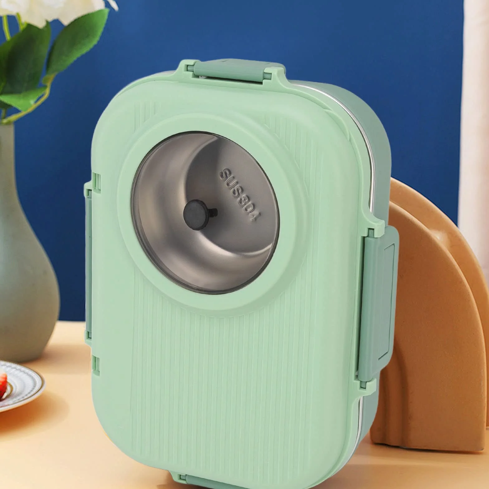 Bento Lunch Box, 1100ml Double Layer 3 Grid Design, 304 Thermal Lunch Box ze Stali Nierdzewnej z Pałeczkami Łyżka Miska na Zupę, Pojemnik na żywność dla Dzieci Studenci Dorośli(Zielony)