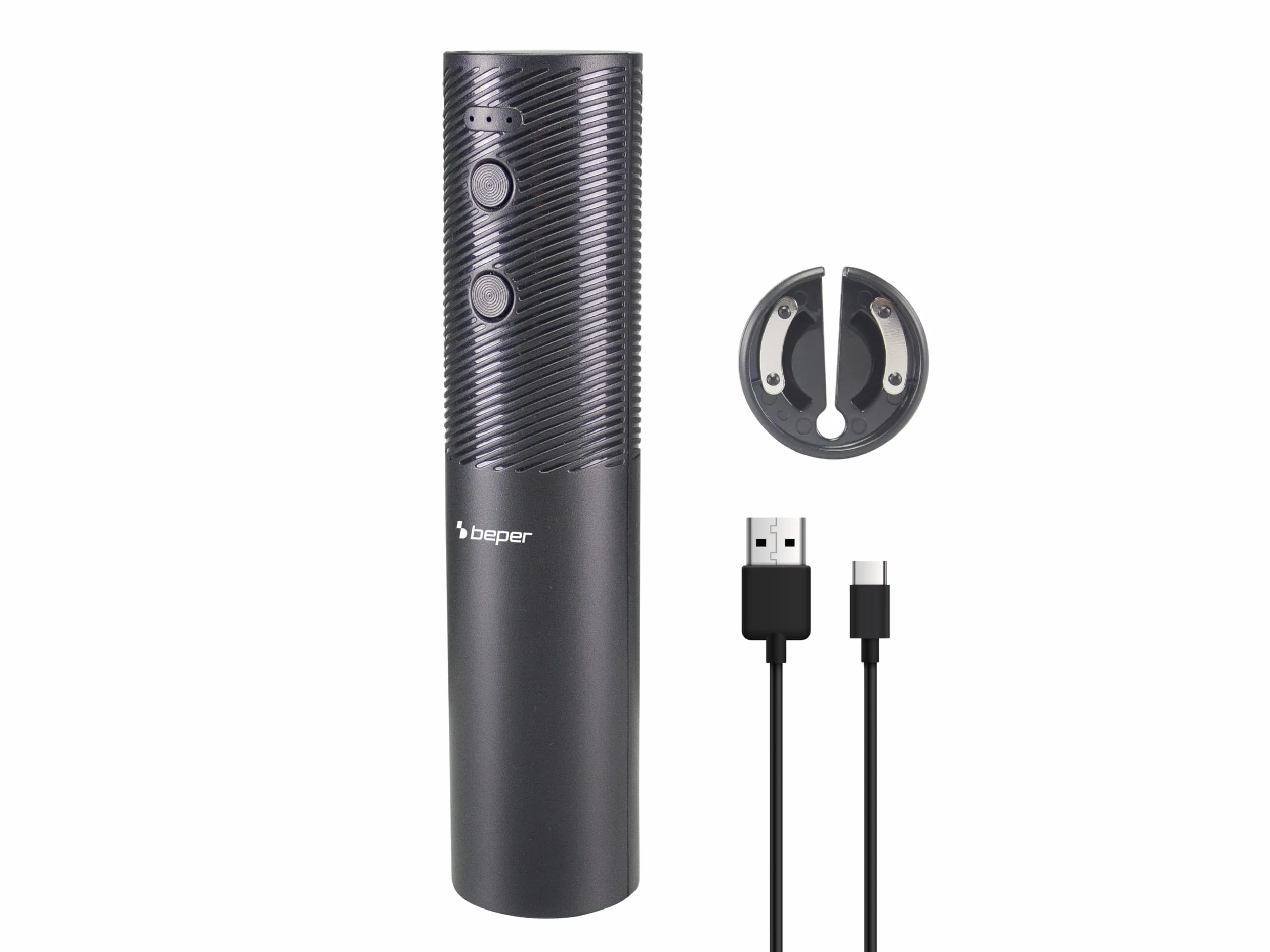 BEPER P102ACP101 Elektryczny korkociąg do wina, 20 W, elektryczny otwieracz do butelek z akumulatorem USB, w zestawie nożyk do kapsli, lampka LED, otwieranie 50 butelek z ładowaniem, czarny