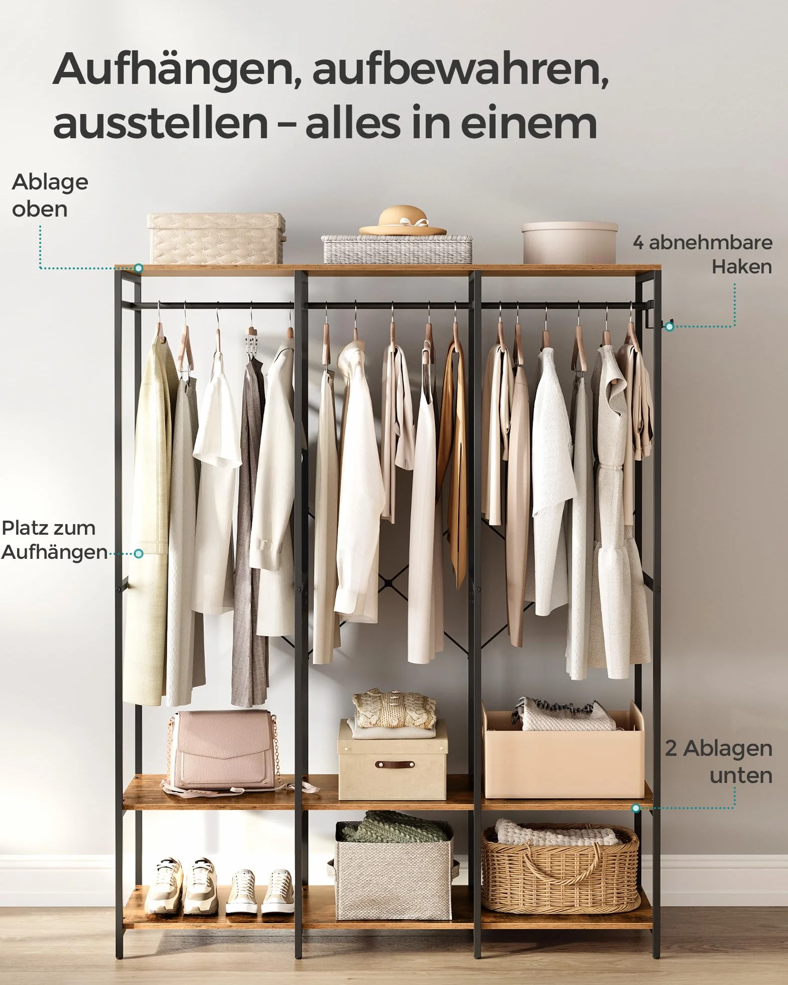 SONGMICS Otwarta szafaubranie, wieszak do ubrań, z drążkiem, półki, zdejmowane haczyki, 40 x 141 x 180 cm, brązowy vintage RGR005B01
