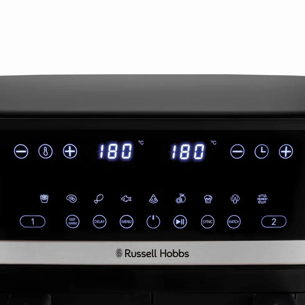 Russell Hobbs Frytkownica beztłuszczowa 9L Air Fryer [dwie komory/strefy, 9 programów] Satisfry (szuflady można myć w zmywarce, maks. 200℃, niski poziom hałasu, pieczenie bez oleju, 2800W) 27681-56