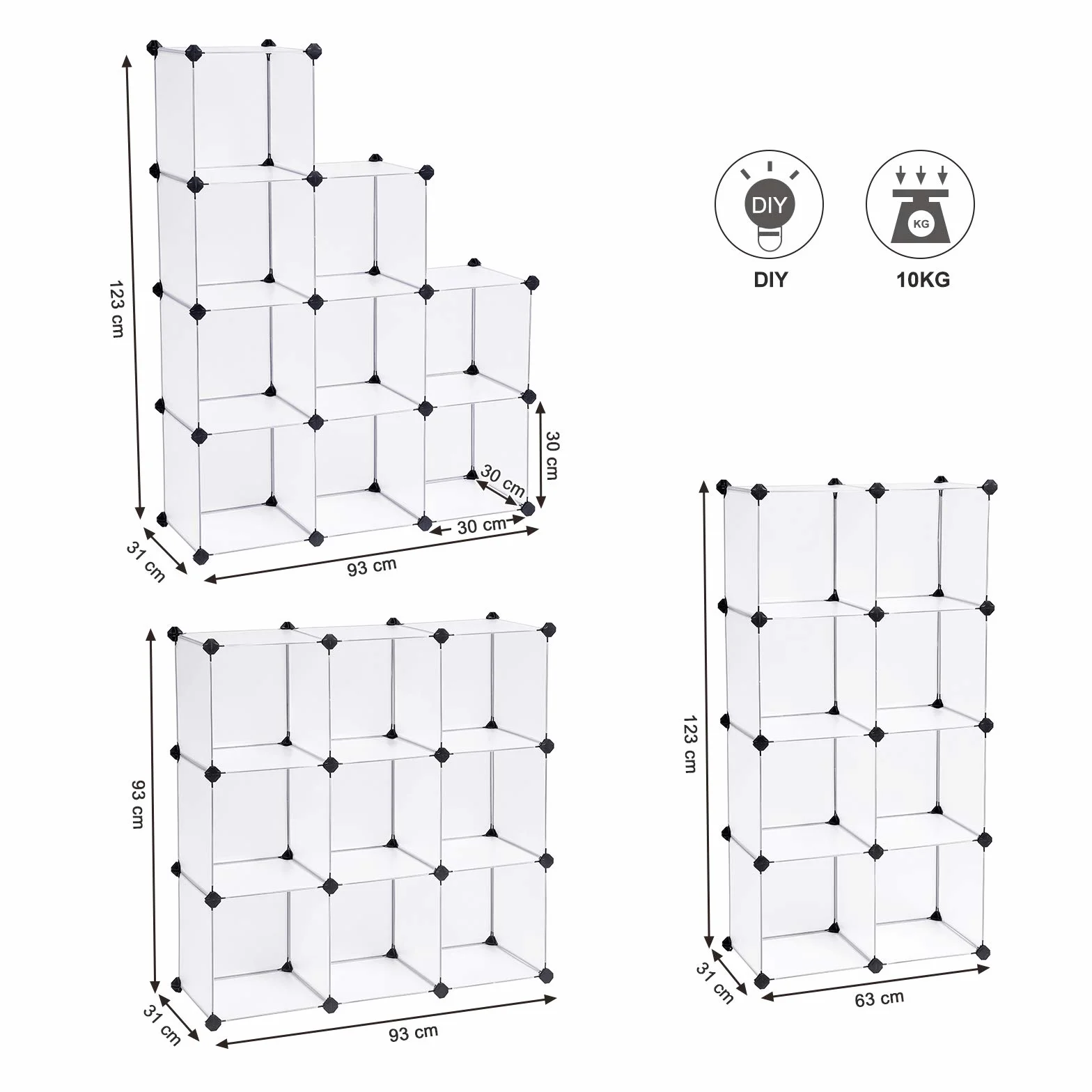 Songmics Regał, Tworzywo Sztuczne Pp, Biały, 93 x 31 x 123 cm