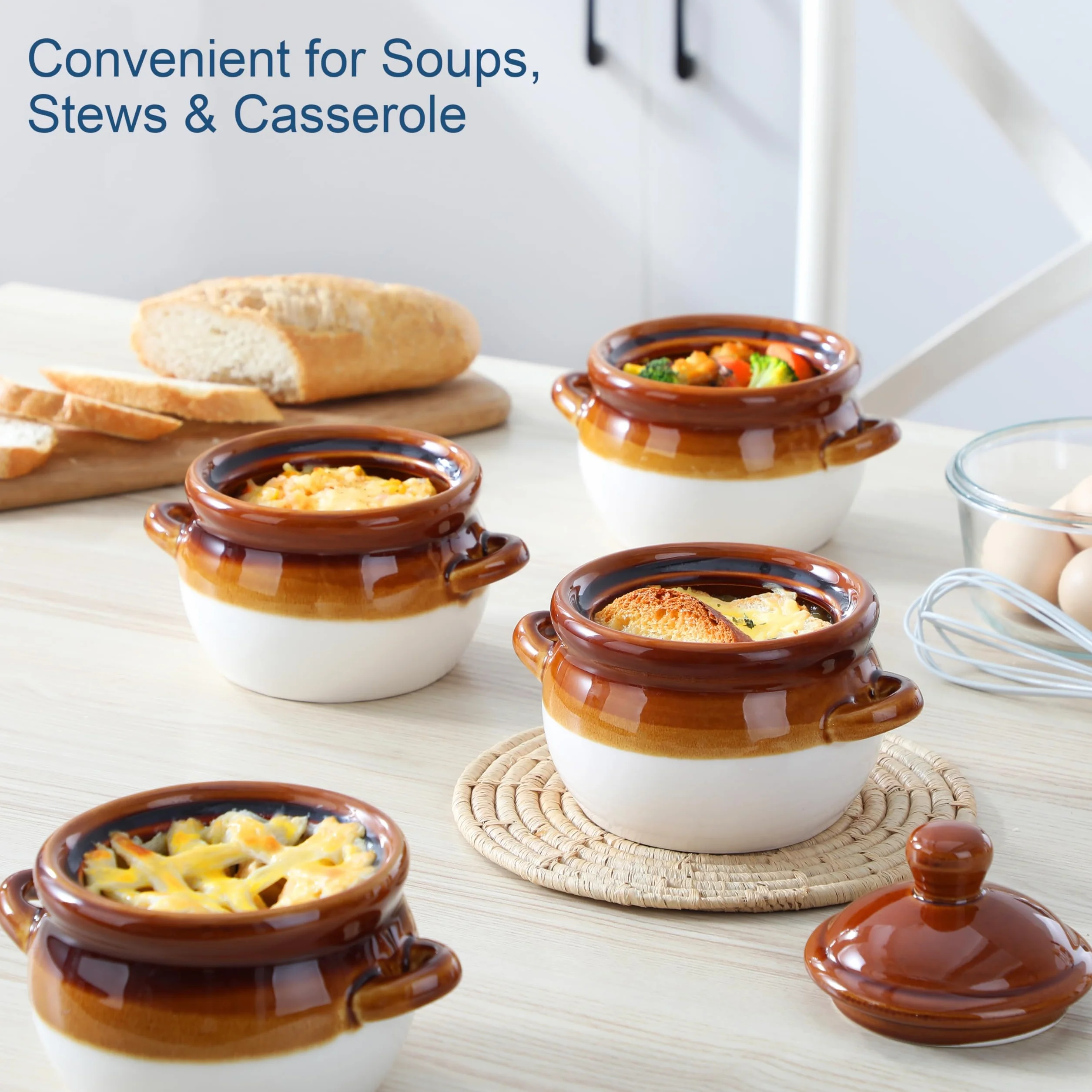 LOVECASA Francuskie miski do zupy cebulowej z uchwytami, pokrywkami i serwowania, ceramiczne, nadają się do piekarnika, chili, gulasza wołowego, płatków, lasagne, 4 szt.