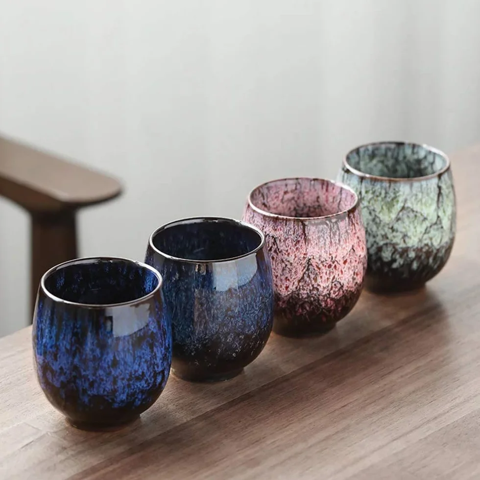 Japoński kubek do herbaty, zestaw ceramicznych filiżanek do herbaty, zestaw 4 ręcznie robionych filiżanek, wielokolorowe, emaliowane flambed, prezenty