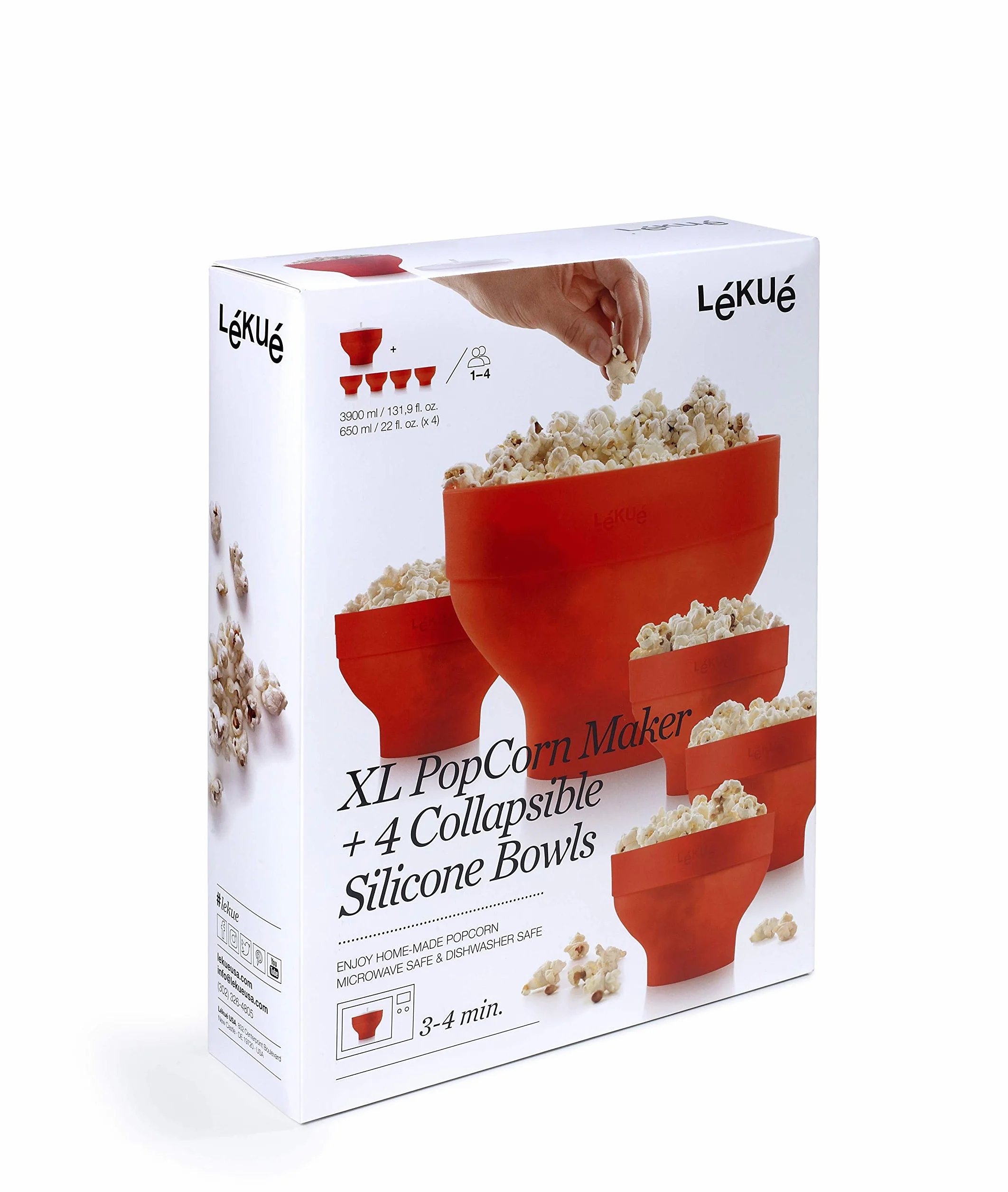 Lékué Zestaw Popcorn XL + 4 silikonowe miski do mikrofalówki, czerwony
