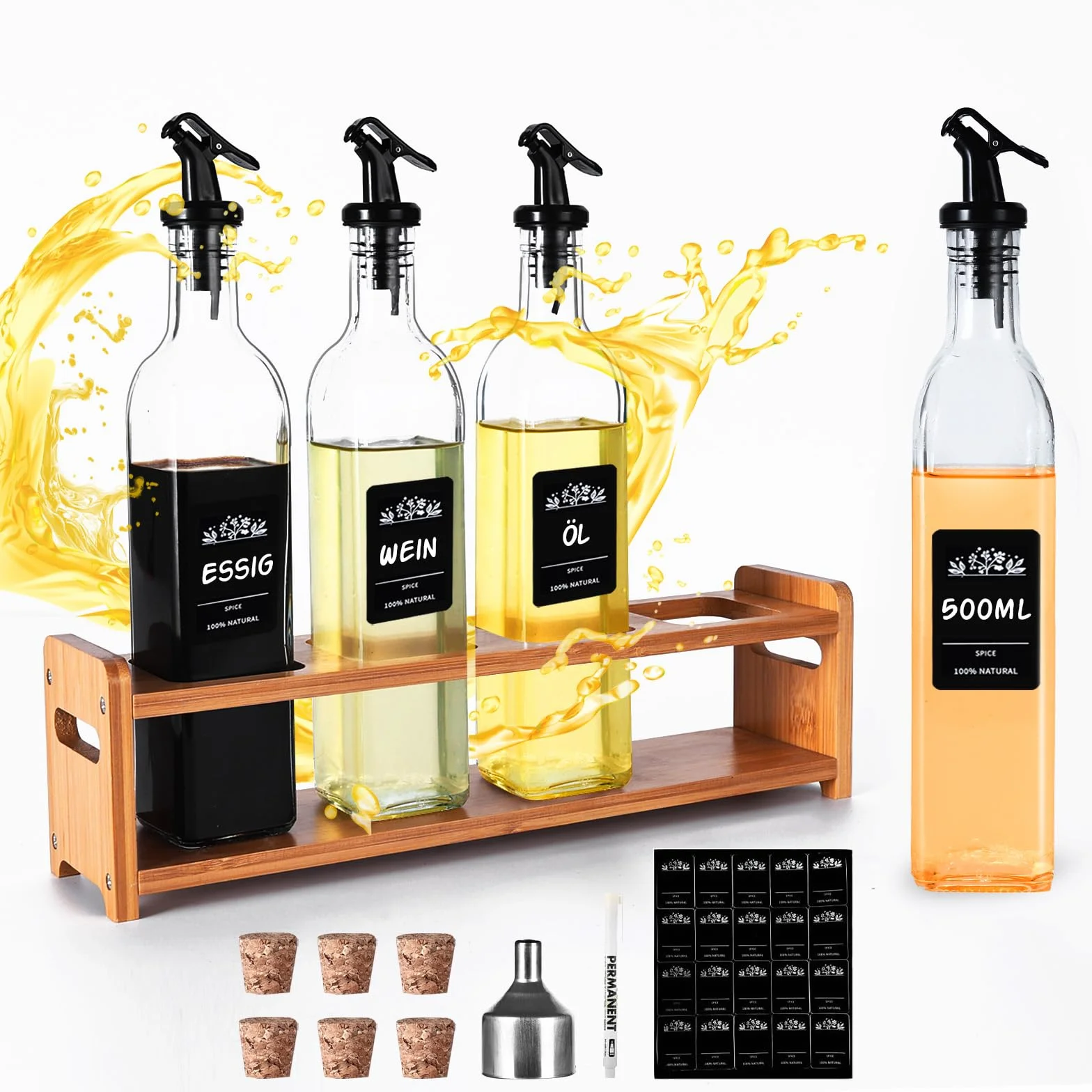 Zestaw butelek na ocet i olej ze stojakiem bambusowym, szklane butelki 500 ml, dozownik oleju, 4 szt.