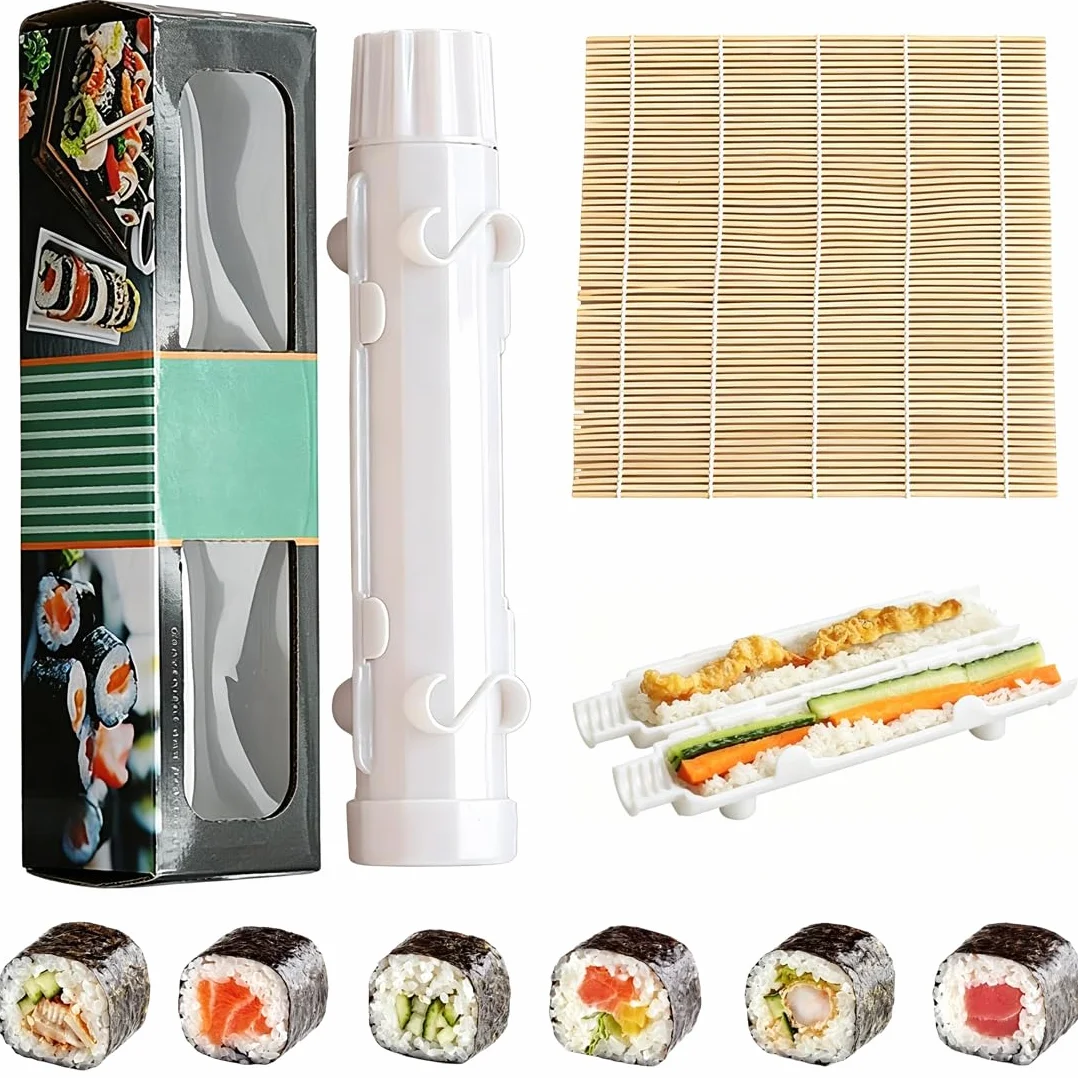 Zestaw do robienia sushi, zestaw wałków do sushi, zestaw do robienia sushi, sushi, przyrząd do wałków do sushi i mata bambusowa? dla początkujących - kompletny zestaw do sushi, biały