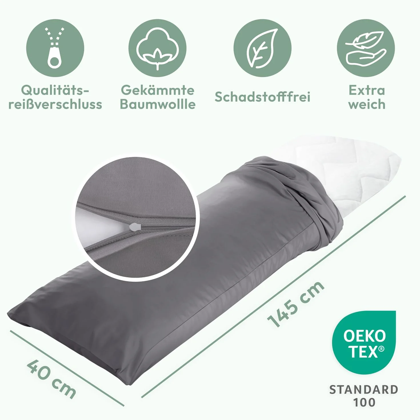 Laleni poduszka ciążowa 40 x 145 cm, certyfikat OEKO-TEX, poduszka do karmienia i spania na boku, odciążająca, 2 poszewki – Szary